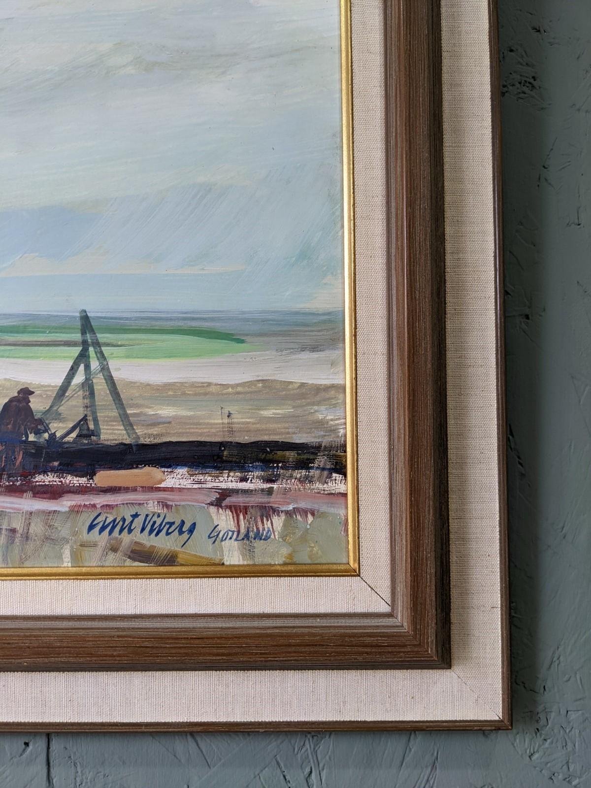 Vintage Mid-Century Modern Swedish Coastal Town Framed Oil Painting - Gotland 8