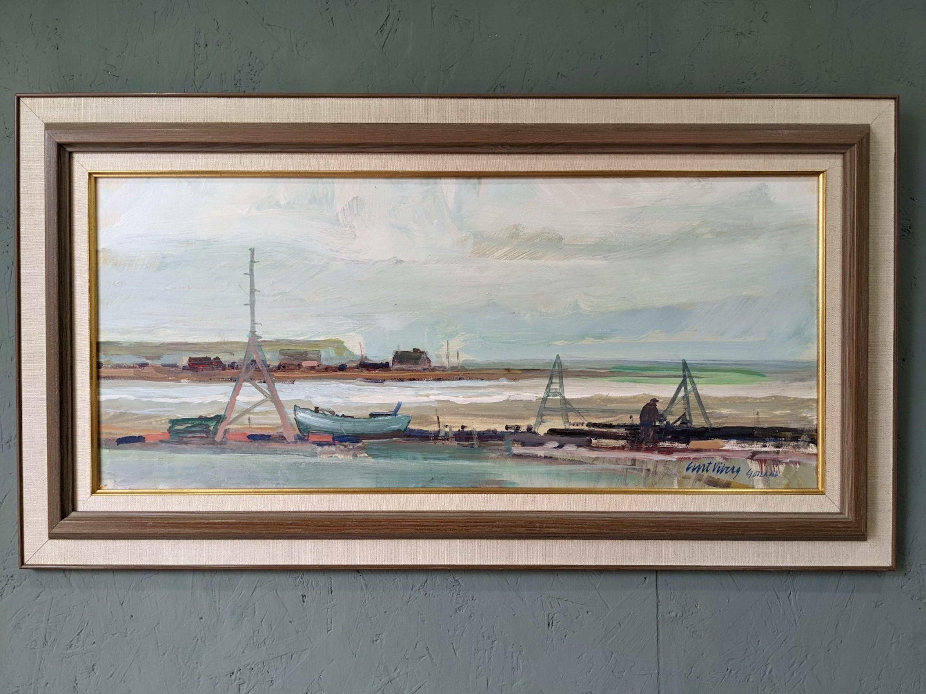 GOTLAND
Size: 46 x 85 cm (including frame)
Oil on Board

A tranquil and delicately detailed oil painting depicting a coastal town of Gotland, an island in Sweden.

Through the use of a restrained light colour palette primarily consisting of green