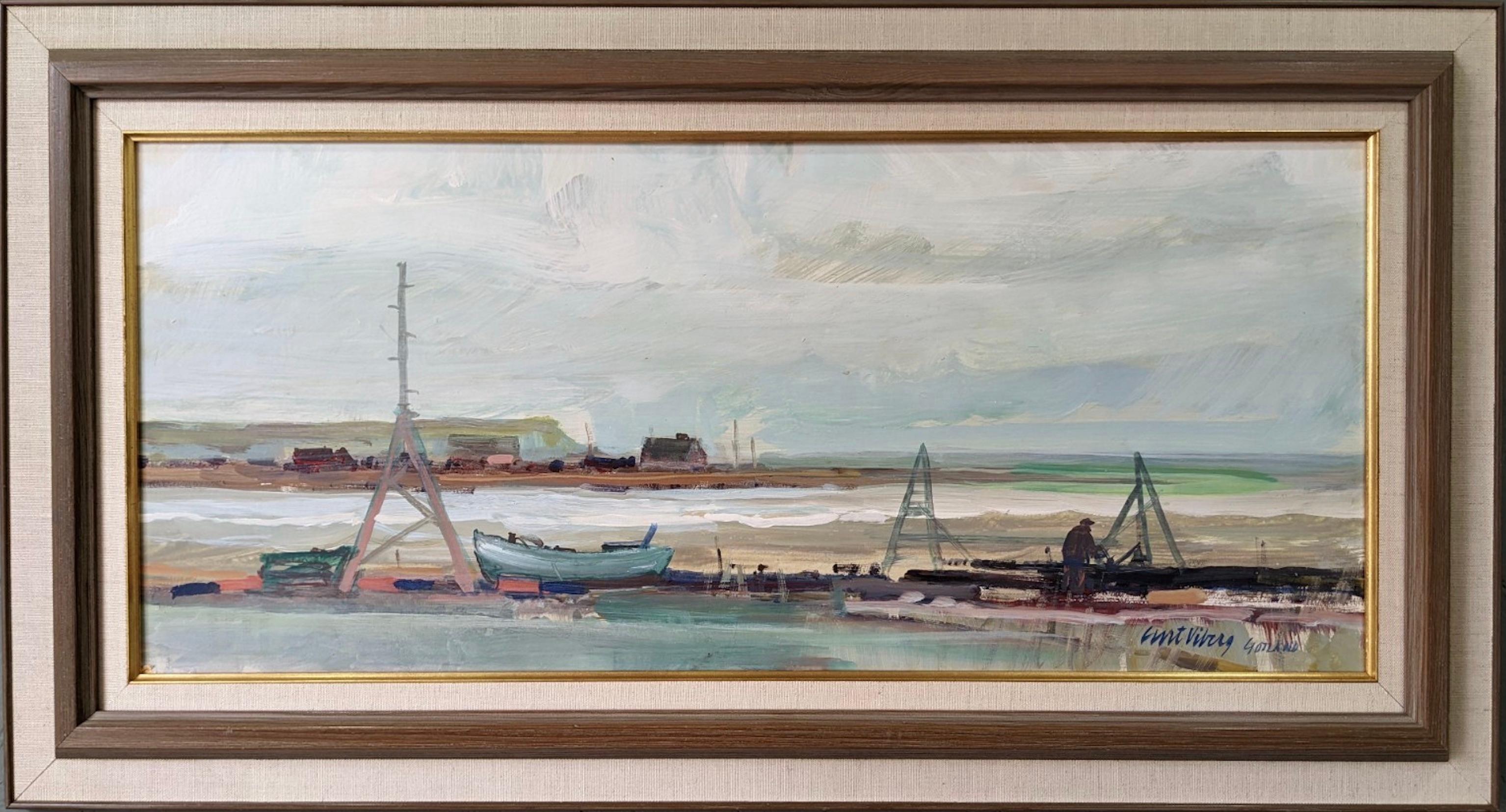 Unknown Landscape Painting - Vintage Mid-Century Modern Swedish Coastal Town Framed Oil Painting - Gotland