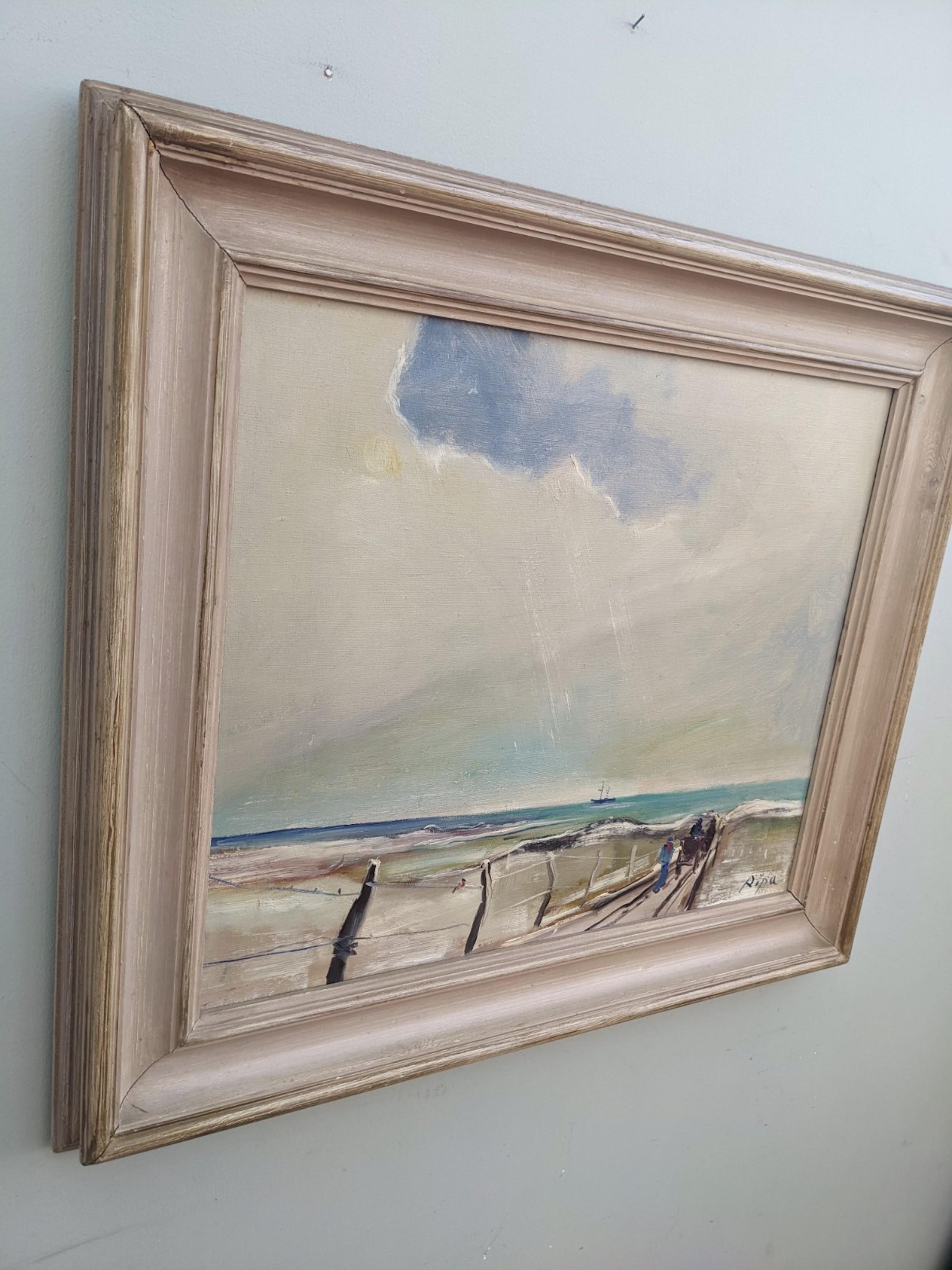 Vintage Mid-Century Modern Swedish Coastalscape Framed Oil Painting - The Pier  - Brown Landscape Painting by Unknown