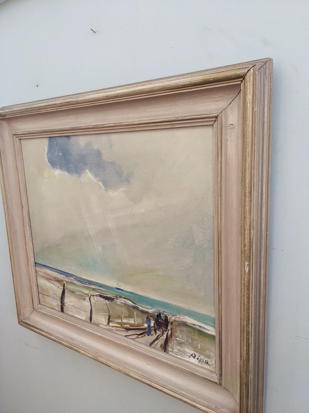 The Pier
Size: 62 x 71 cm (including frame)
Oil on canvas

A large mid century modernist coastalscape, painted in oil onto canvas.

In this composition we see a long pier heading out towards the sea, with the backs of a figure and horse cart walking
