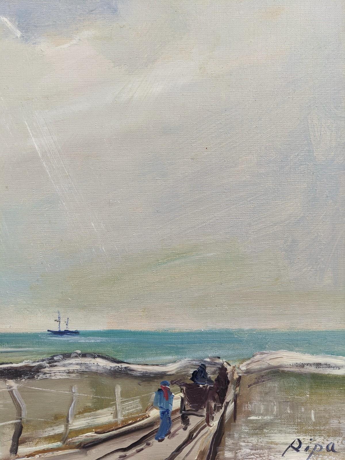 Vintage Mid-Century Modern Swedish Coastalscape Framed Oil Painting - The Pier  1