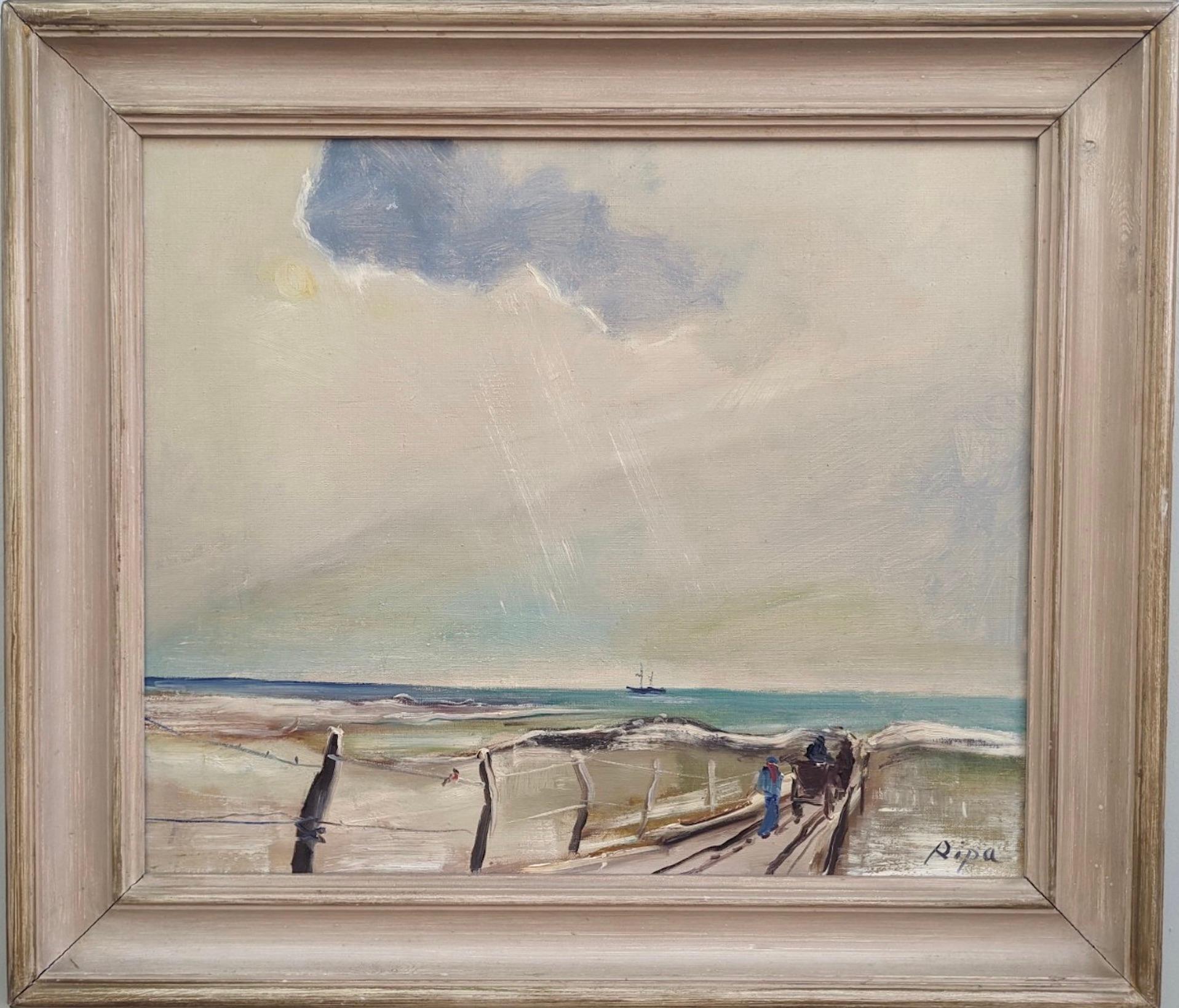 Unknown Landscape Painting - Vintage Mid-Century Modern Swedish Coastalscape Framed Oil Painting - The Pier 