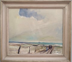 Vintage Mid-Century Modern Swedish Coastalscape Framed Oil Painting - The Pier