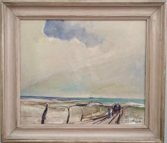 Vintage Mid-Century Modern Swedish Coastalscape Framed Oil Painting - The Pier 