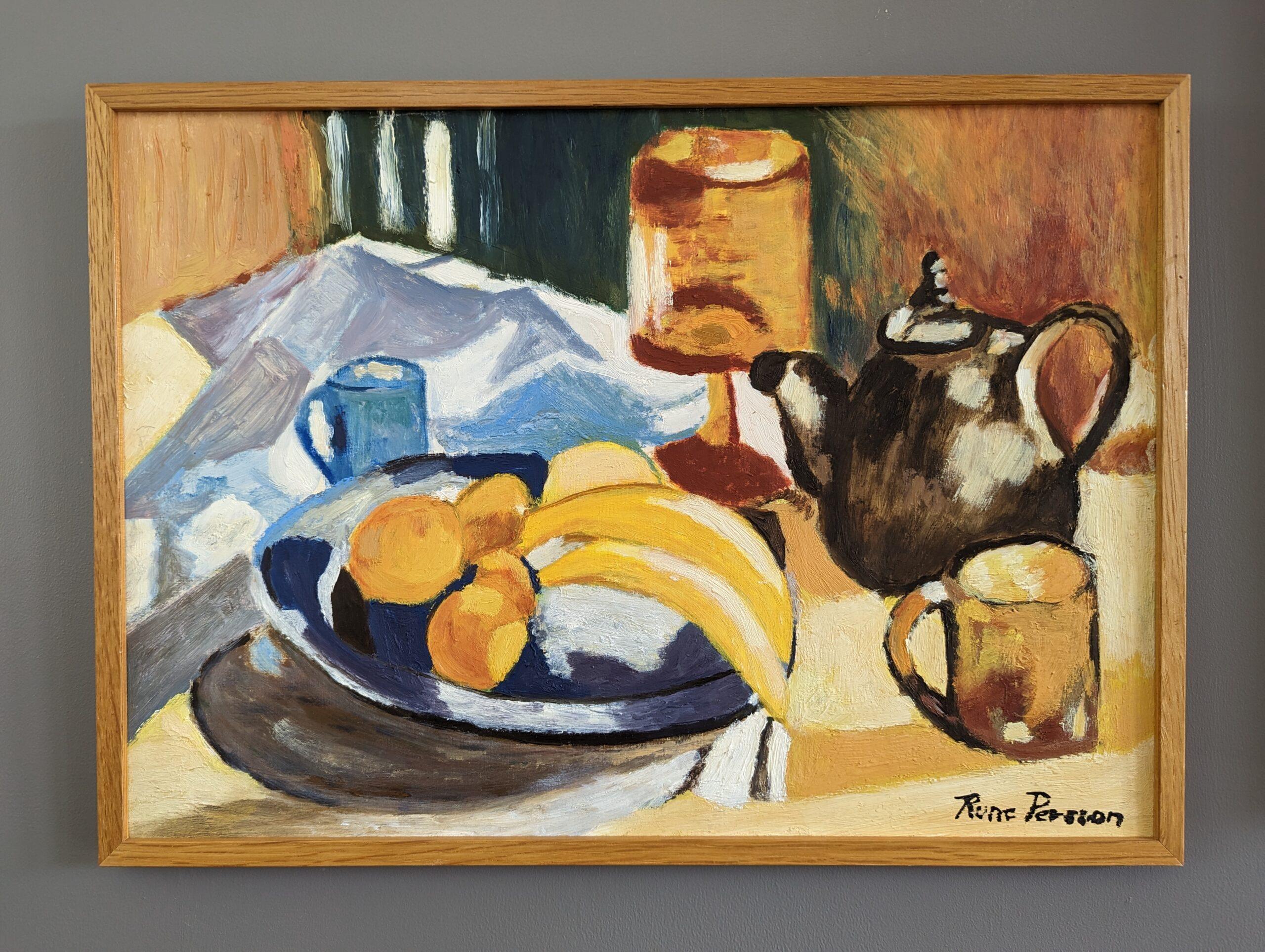 BANANAS
Size: 30.5 x 42cm (including frame)
Oil on Board

A vibrant mid-century modernist still life composition, painted in oil onto board.

Sitting atop a table are a myriad of everyday items, such as a bowl of fruit, a couple of mugs and a
