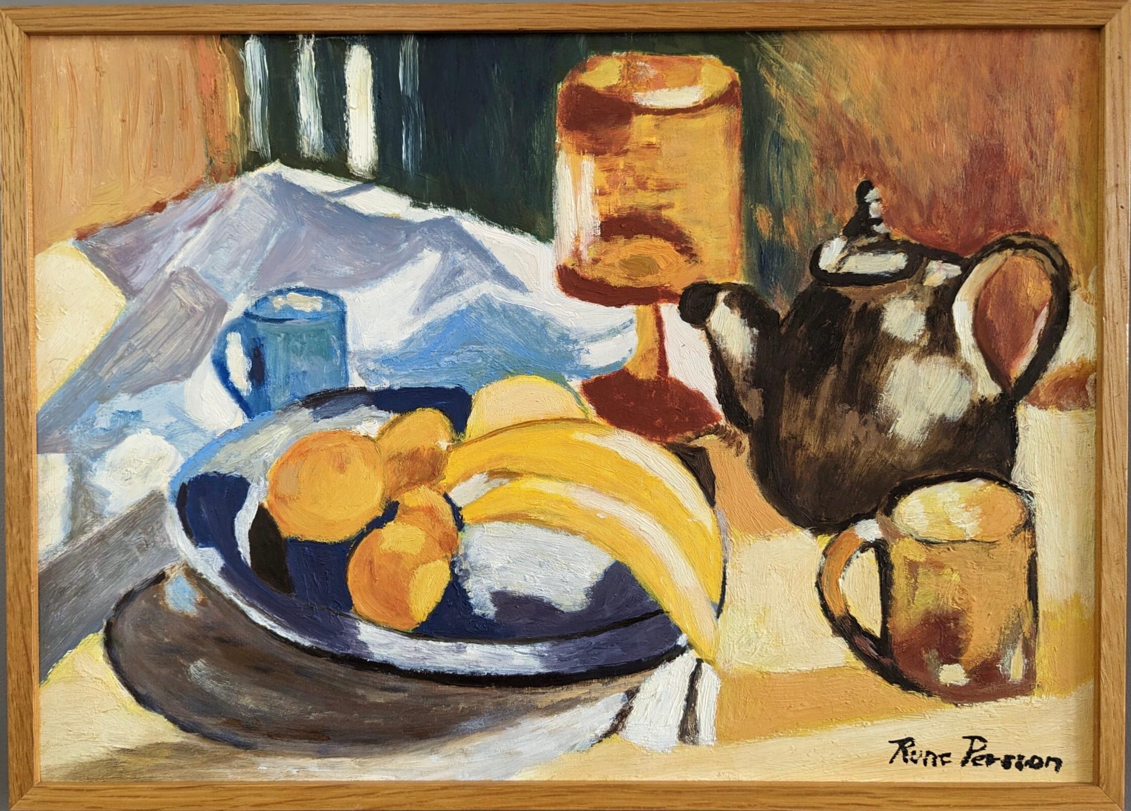 Still-Life Painting Unknown - Peinture à l'huile de nature morte suédoise expressive Vintage Mid-Century Modern - Bananas