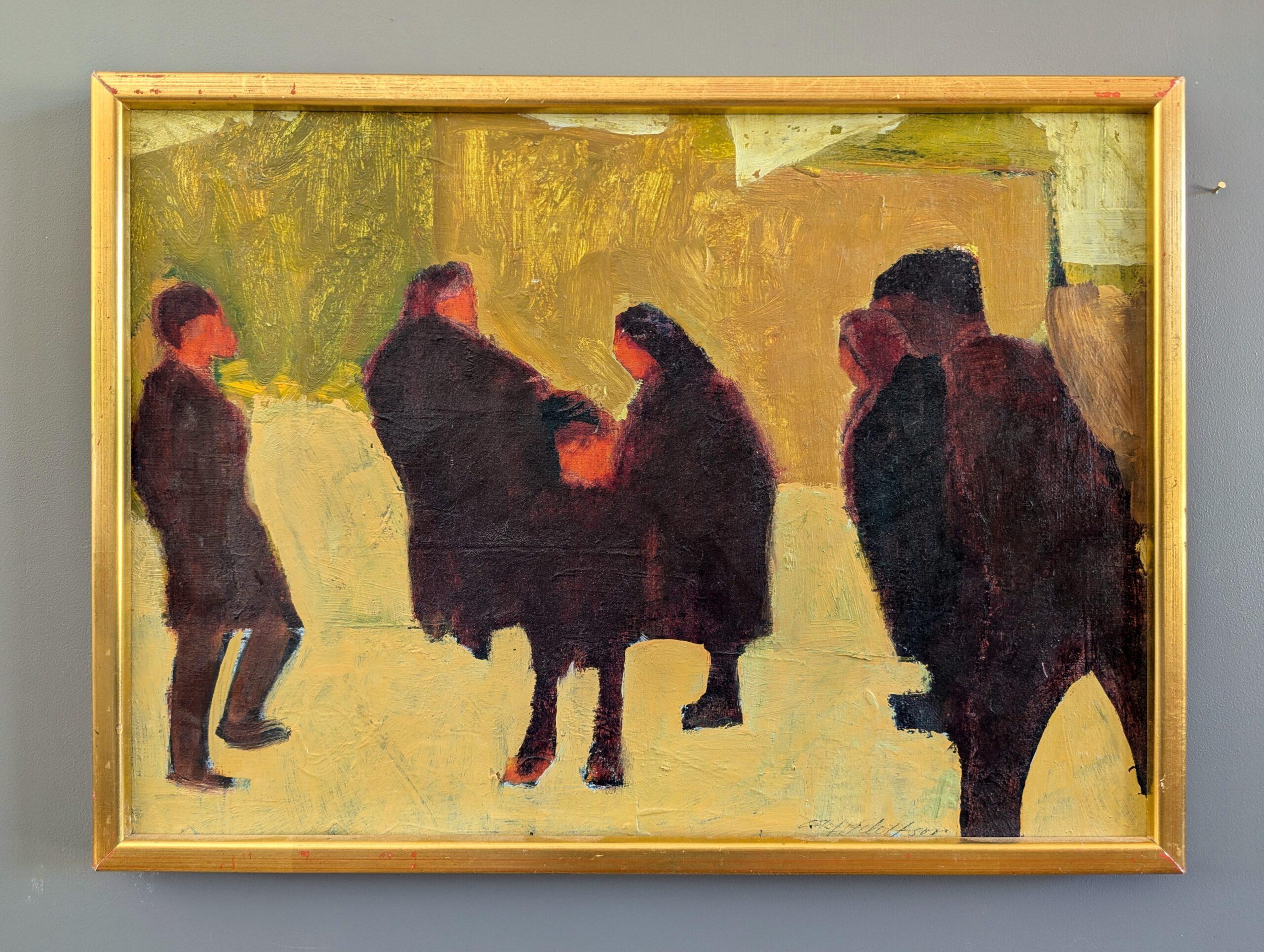 CROWD
Size: 35 x 47 cm (including frame)
Oil on Board

In this mid-century semi-abstract figurative oil composition, a group of six figures walks forward, converging towards each other in the center.

Their forms are simplified, reducing them to