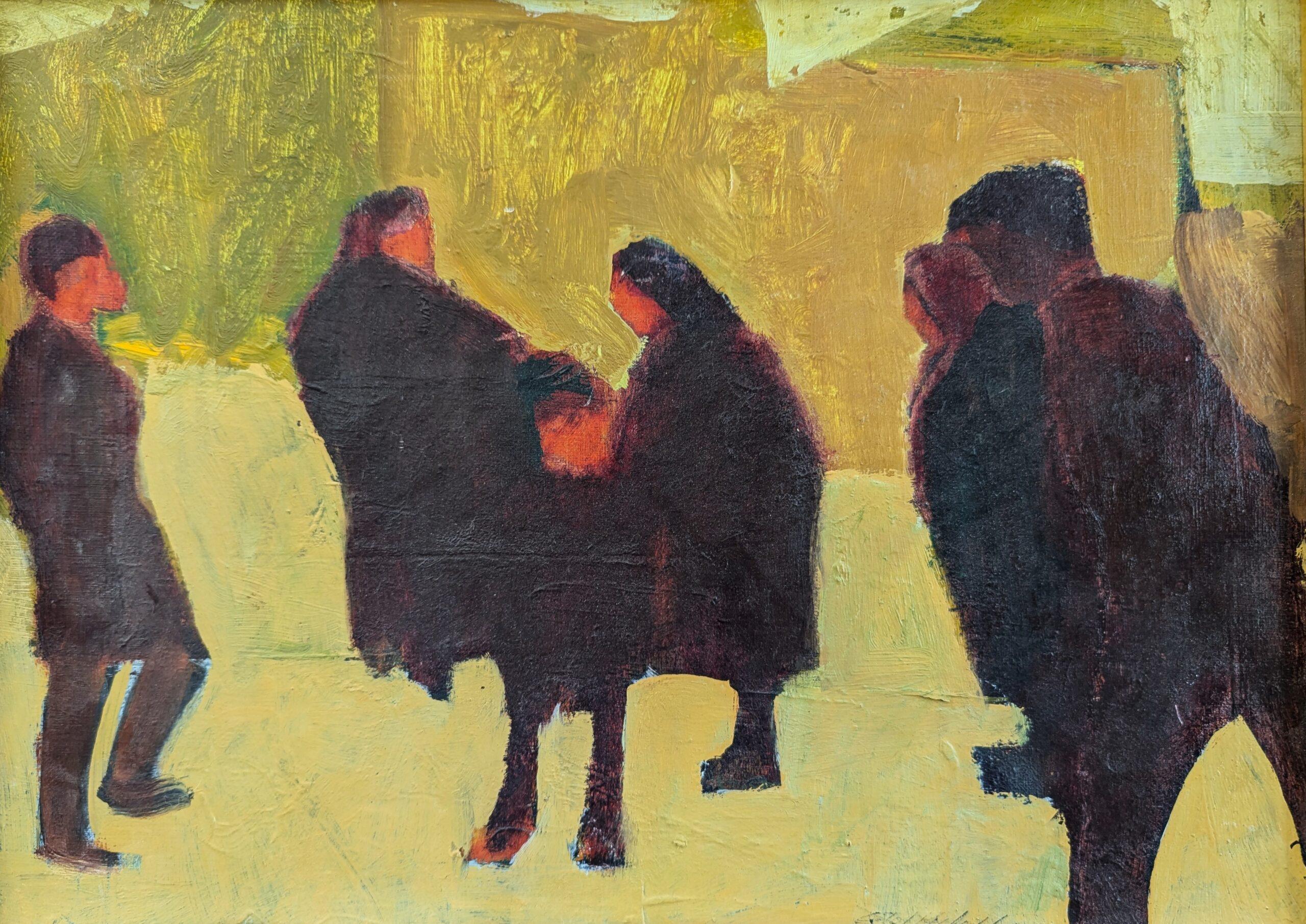 Vintage Mid-Century Modern Swedish Figurative Framed Oil Painting - Crowd 1