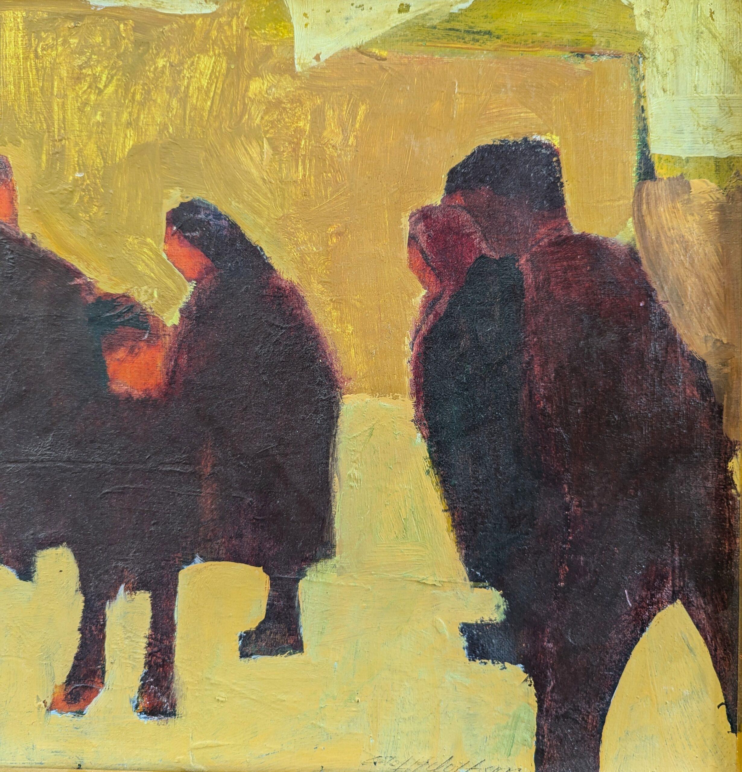 Vintage Mid-Century Modern Swedish Figurative Framed Oil Painting - Crowd 3