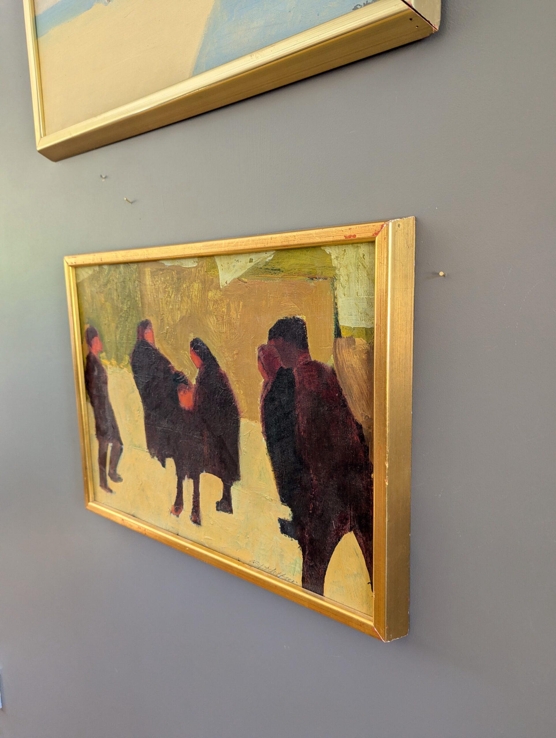 Vintage Mid-Century Modern Swedish Figurative Framed Oil Painting - Crowd 4