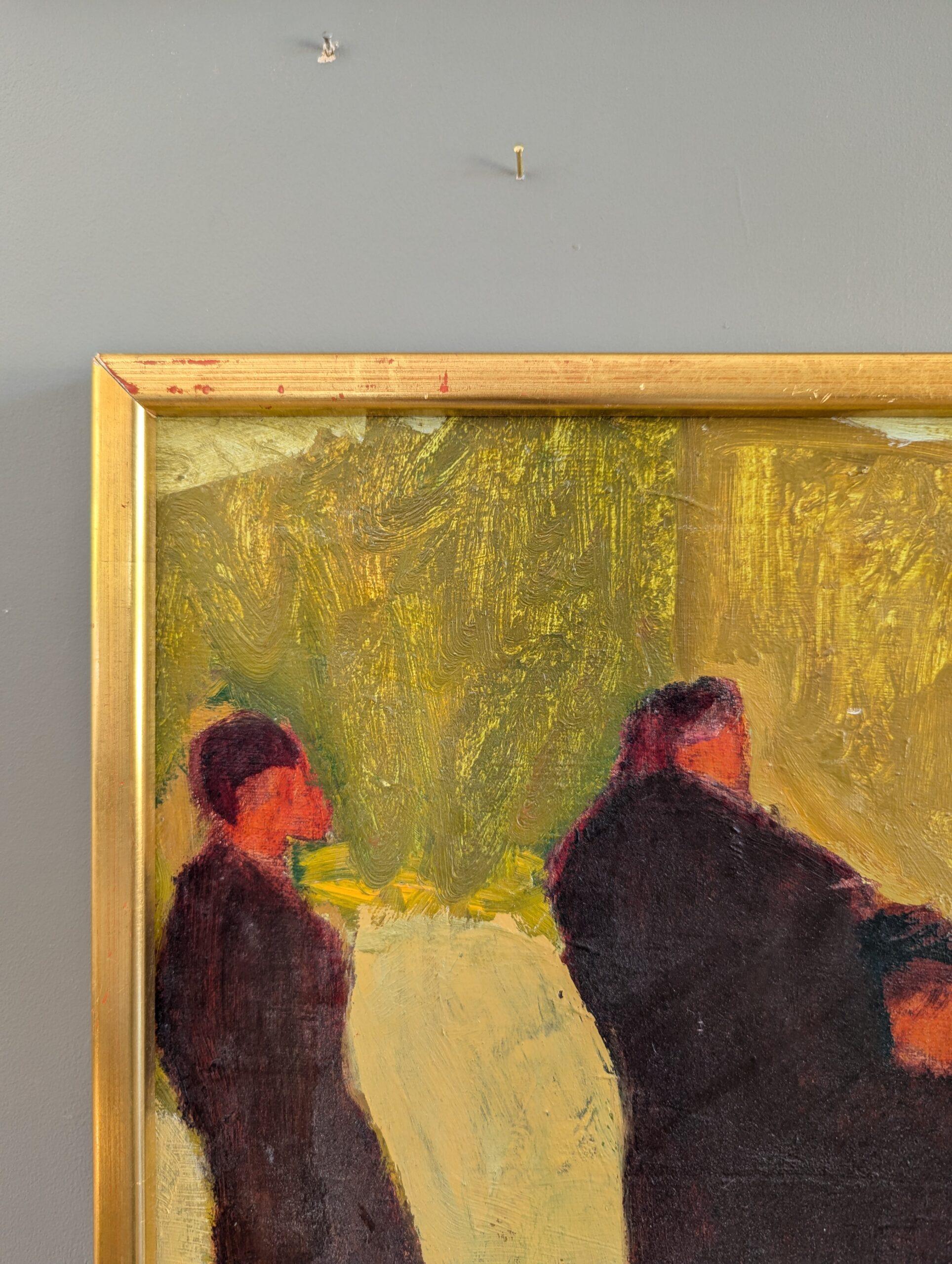 Vintage Mid-Century Modern Swedish Figurative Framed Oil Painting - Crowd 5