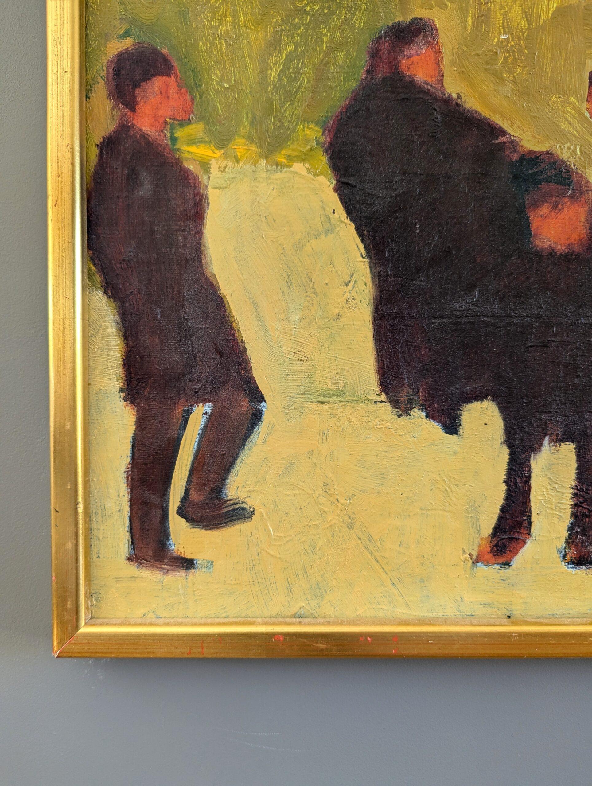 Vintage Mid-Century Modern Swedish Figurative Framed Oil Painting - Crowd 6