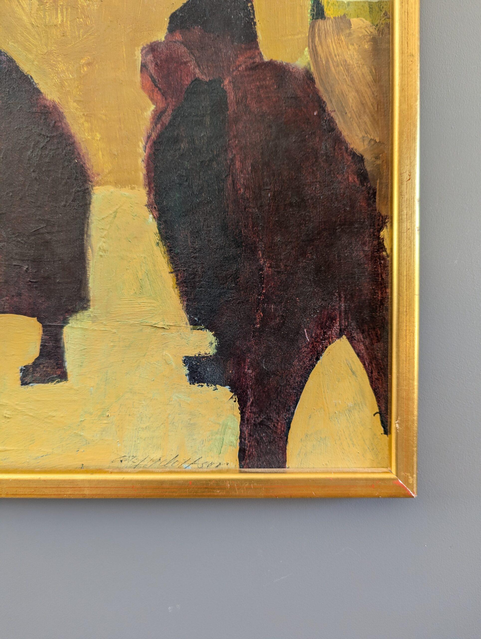 Vintage Mid-Century Modern Swedish Figurative Framed Oil Painting - Crowd 7