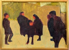 Vintage Mid-Century Modern Swedish Figurative Framed Oil Painting - Crowd