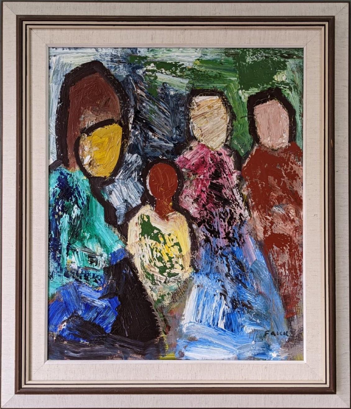 Unknown Abstract Painting - Vintage Mid-Century Modern Swedish Figurative Framed Oil Painting - Folks