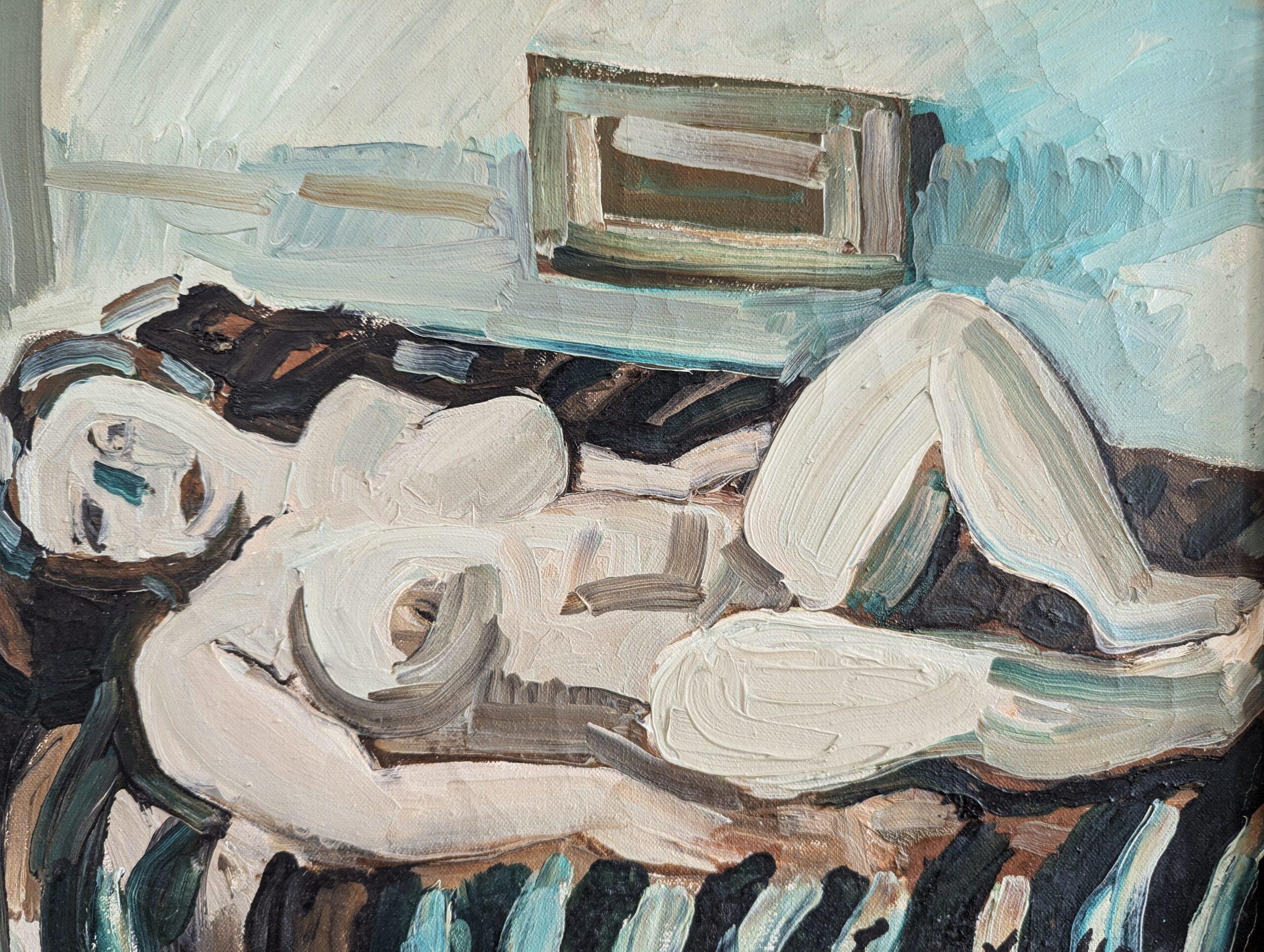 Vintage Mid-Century Modern Swedish Figurative Framed Oil Painting - Nude at Rest (Nudo a riposo) 7