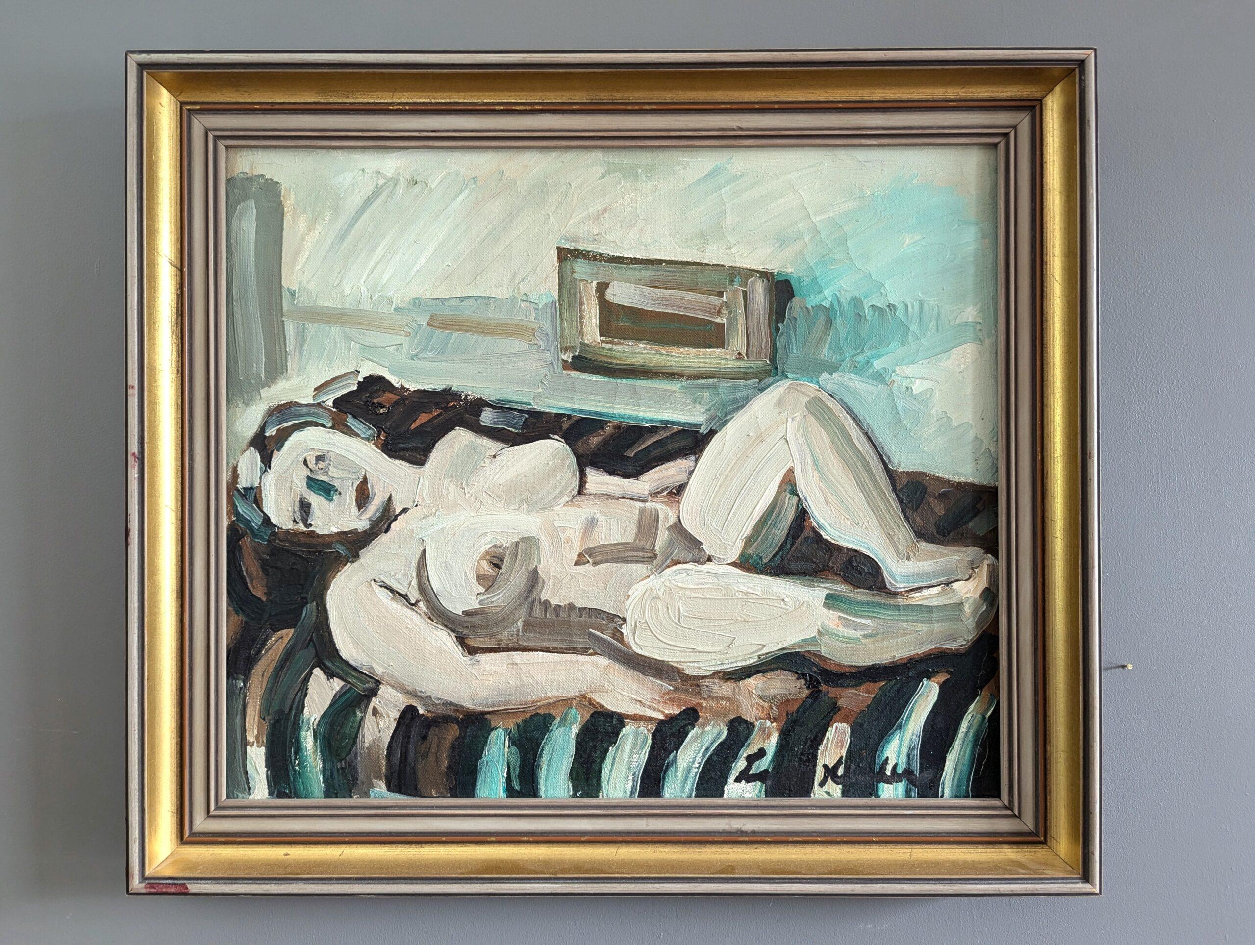 Vintage Mid-Century Modern Swedish Figurative Framed Oil Painting - Nude at Rest (Nudo a riposo) - Figurative Painting Marrone di Unknown