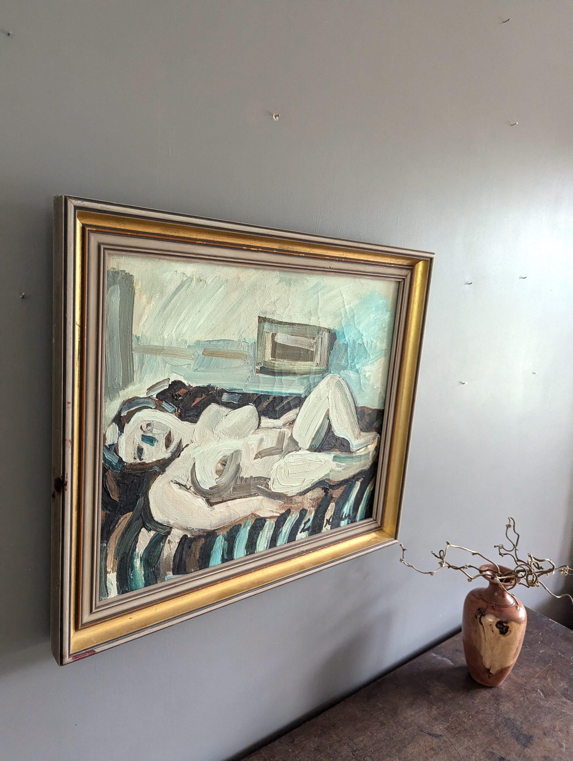 Vintage Mid-Century Modern Swedish Figurative Framed Oil Painting - Nude at Rest (Nudo a riposo) 1