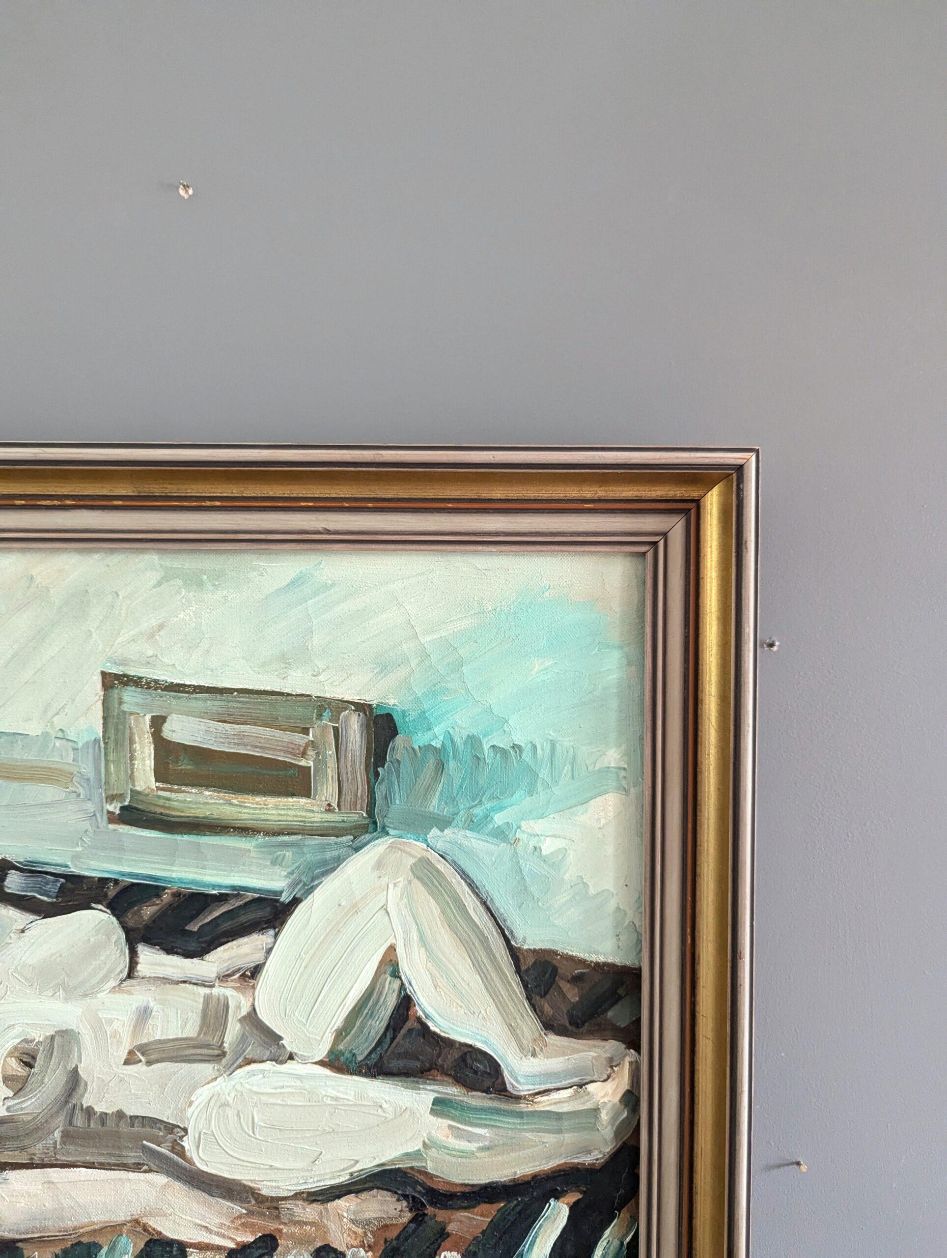 Vintage Mid-Century Modern Swedish Figurative Framed Oil Painting - Nude at Rest (Nudo a riposo) 4