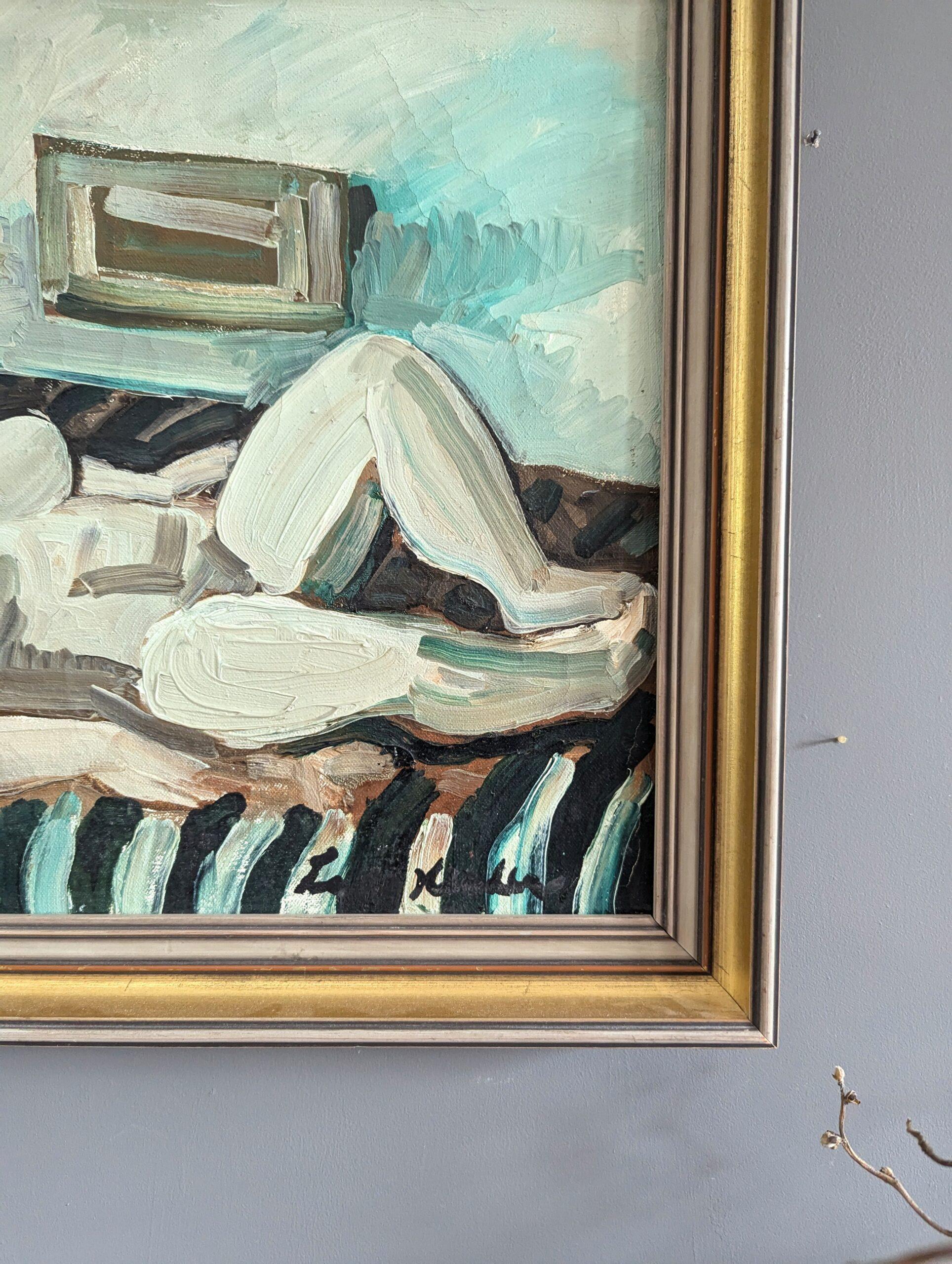Vintage Mid-Century Modern Swedish Figurative Framed Oil Painting - Nude at Rest (Nudo a riposo) 5