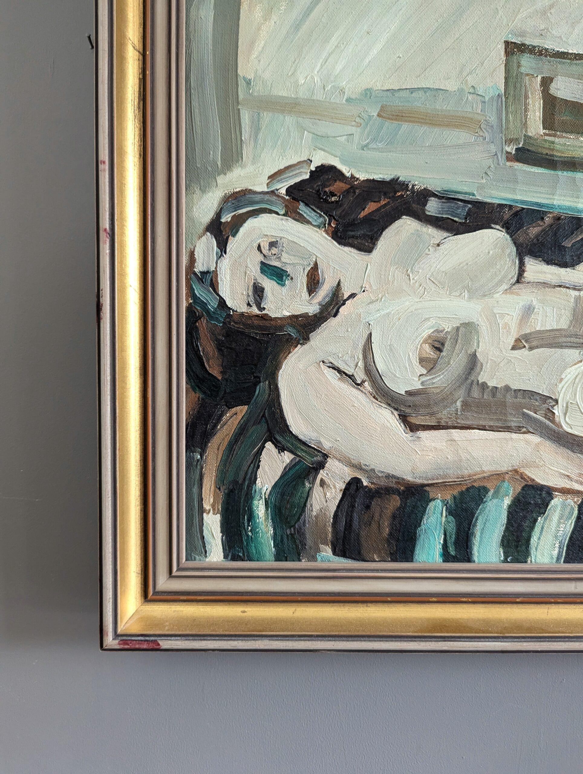 Vintage Mid-Century Modern Swedish Figurative Framed Oil Painting - Nude at Rest (Nudo a riposo) 6