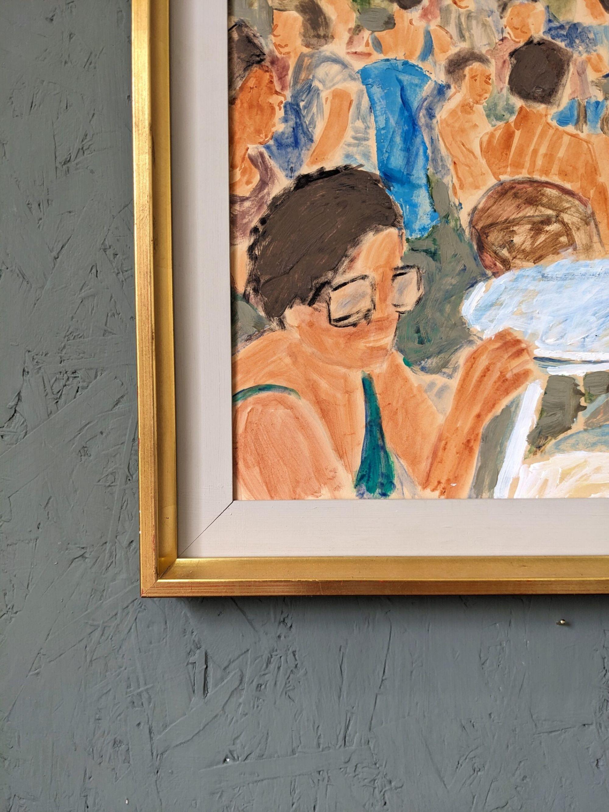 Pintura al óleo figurativa sueca de mediados de siglo enmarcada - De vacaciones 1