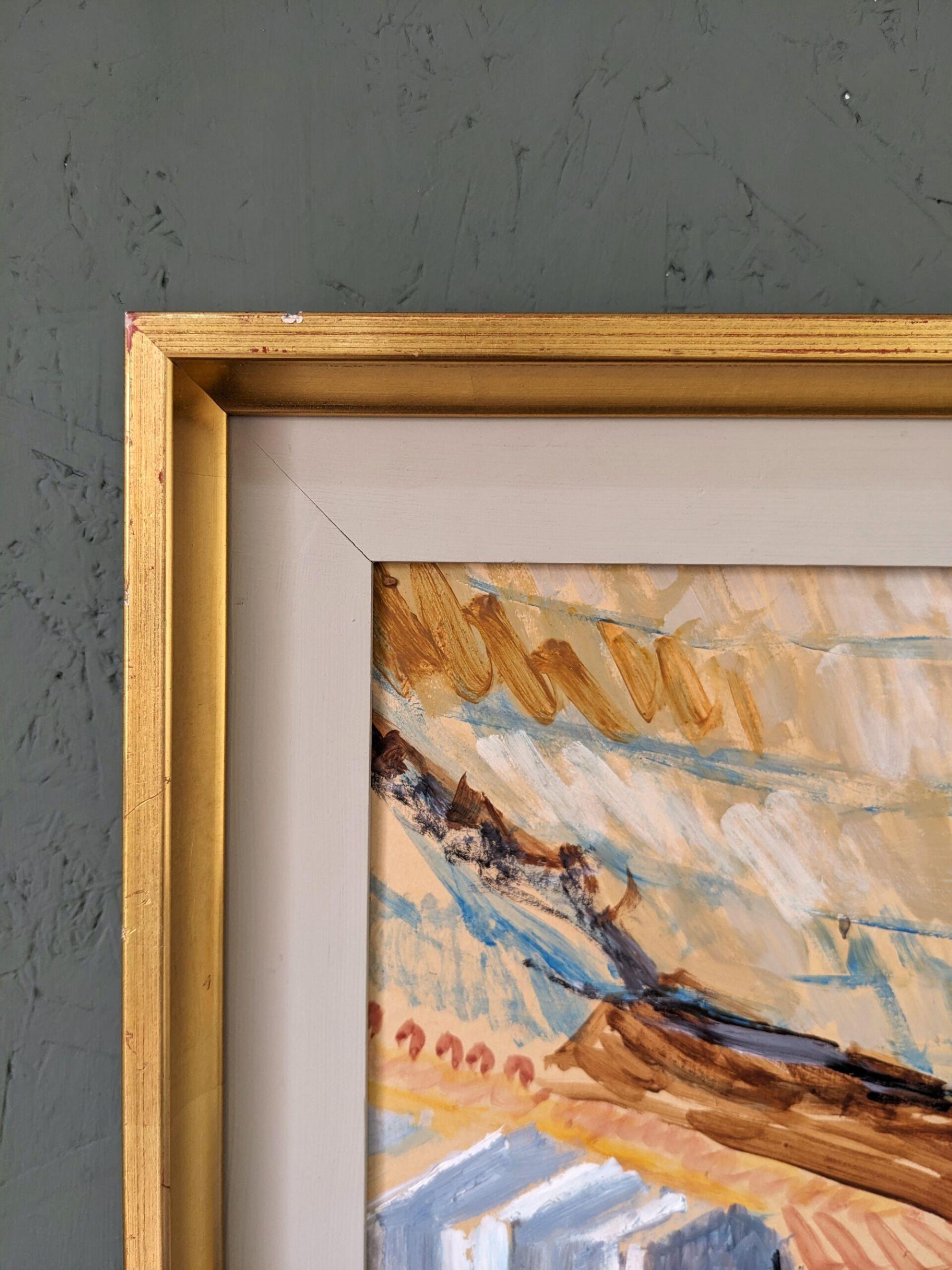 Pintura al óleo figurativa sueca de mediados de siglo enmarcada - De vacaciones 3
