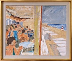 Peinture à l'huile suédoise vintage encadrée figurative moderne du milieu du siècle dernier - En vacances