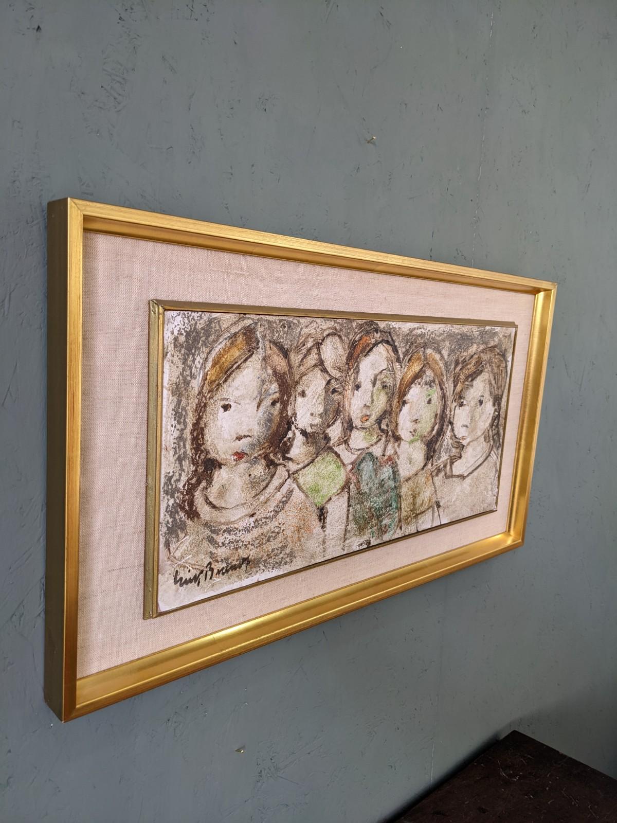 Vintage Mid-Century Modern Swedish Figurative Framed Oil Painting - The Children For Sale 8
