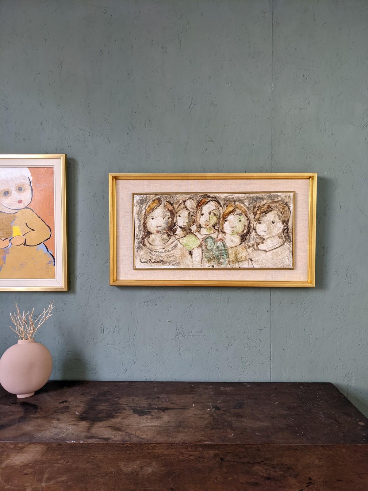 THE CHILDREN
Size: 36.5 x 66 cm (including frame)
Oil on board

A richly textured and endearing mid century modernist style figurative portrait, painted in oil onto board.

Rendered in an expressionist manner, the artwork depicts 5 young figures,
