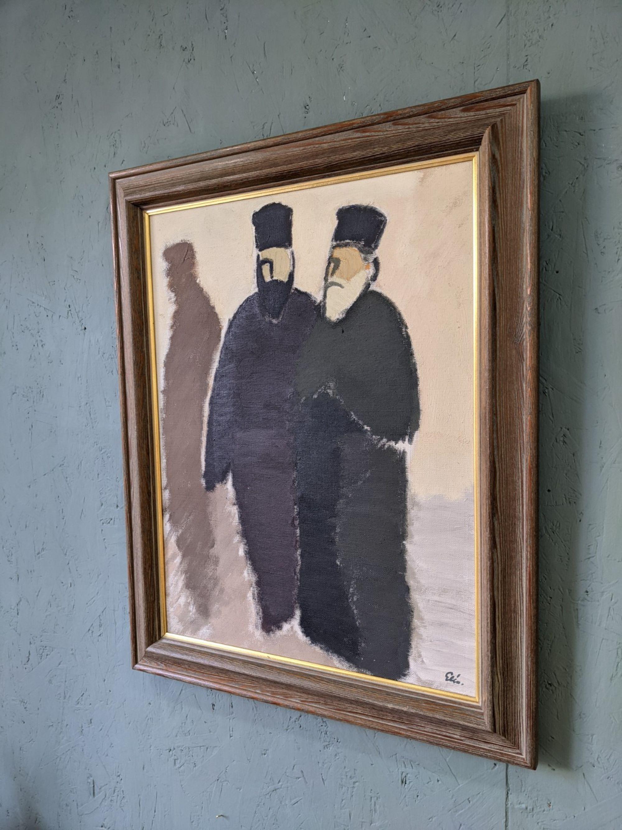 Vintage Mid-Century Modern Swedish Figurative Framed Oil Painting - The Priests For Sale 8