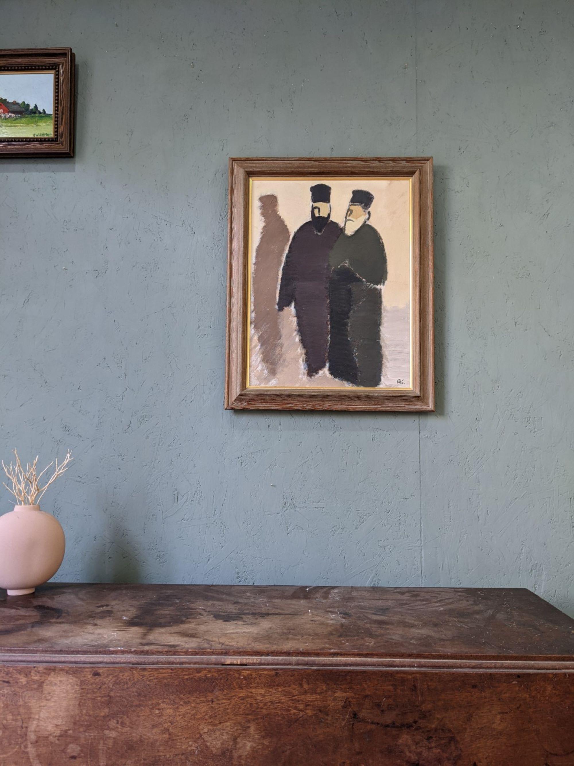 THE PRIESTS
Size: 60 x 48 cm (including frame)
Oil on canvas

A brilliantly painted mid century figurative portrait of 2 priests, executed in oil onto canvas.

Working with a restrained and muted colour palette, the artist has flattened the