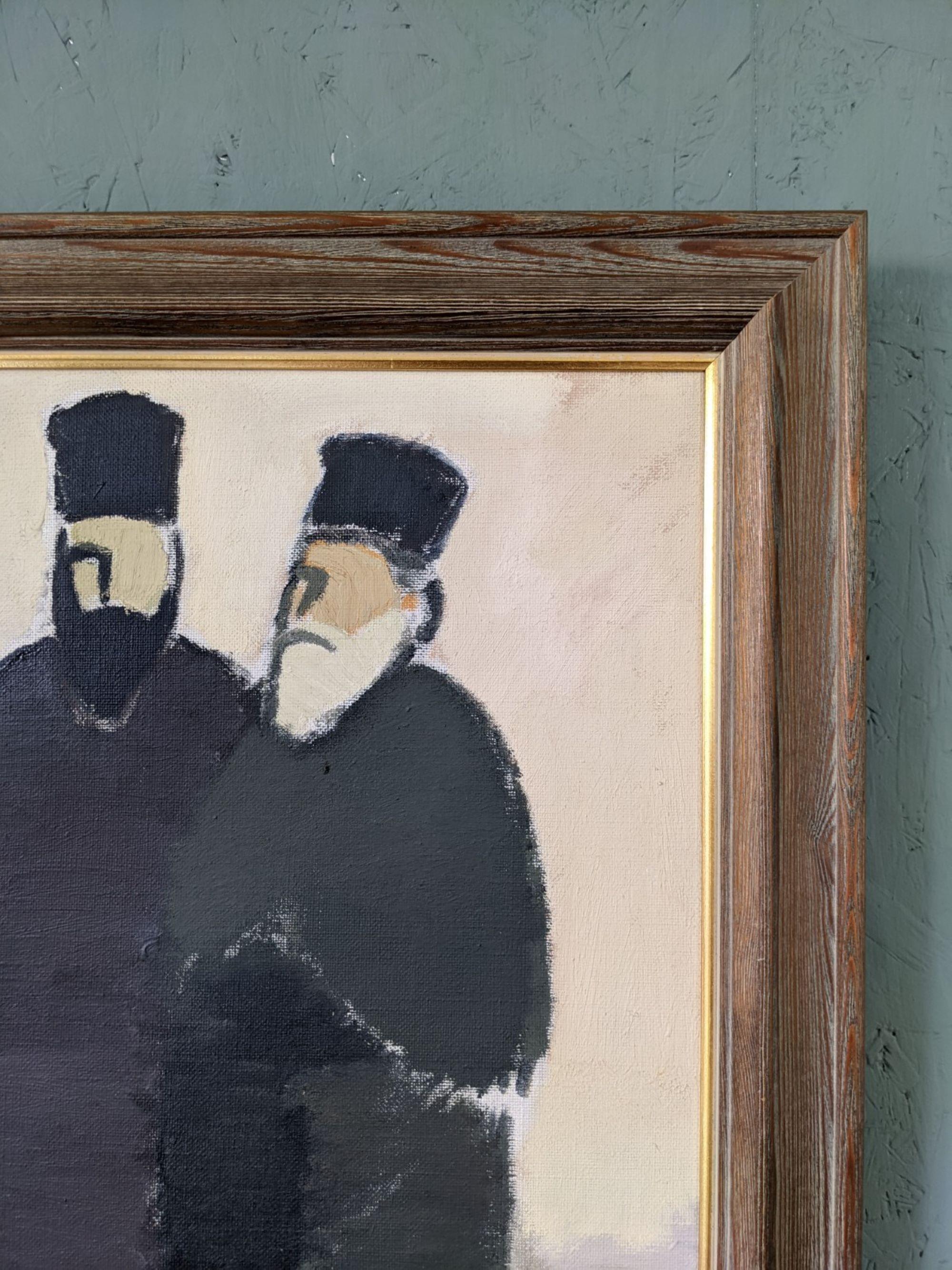 Vintage Mid-Century Modern Swedish Figurative Framed Oil Painting - The Priests For Sale 6