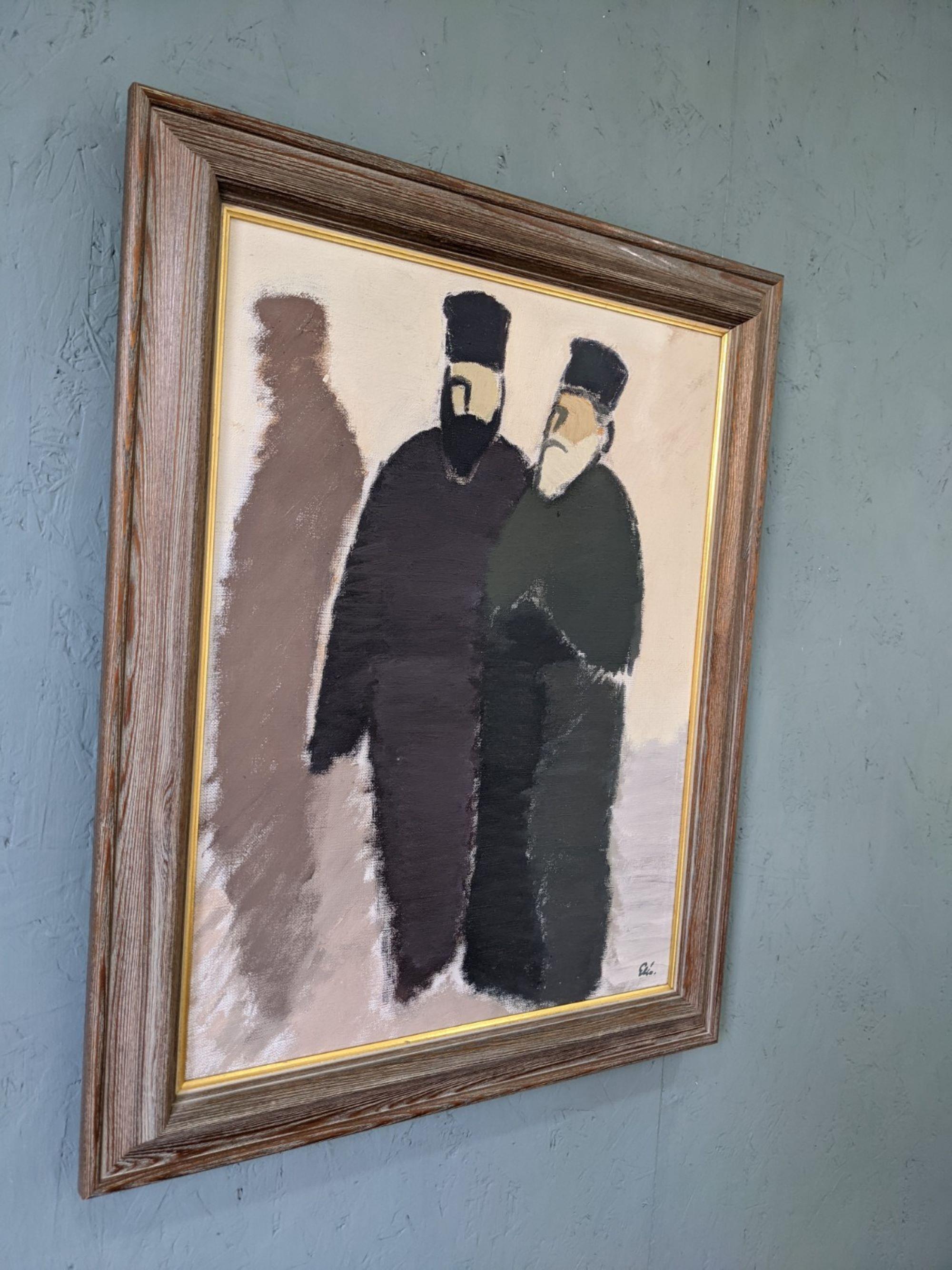 Vintage Mid-Century Modern Swedish Figurative Framed Oil Painting - The Priests For Sale 7