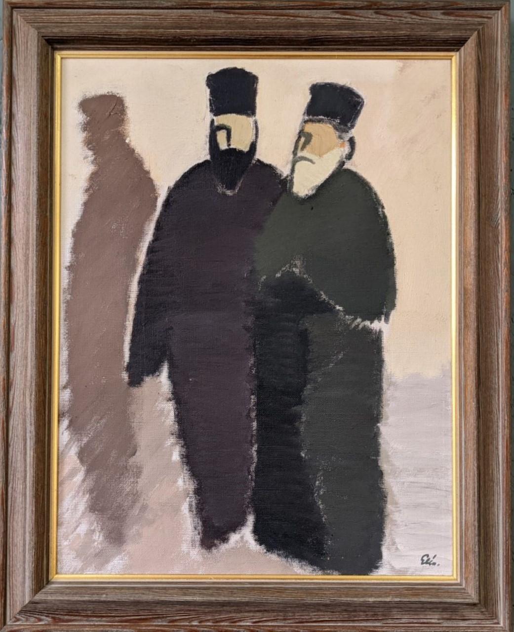 Vintage Mid-Century Modern Swedish Figurative Framed Oil Painting - The Priests