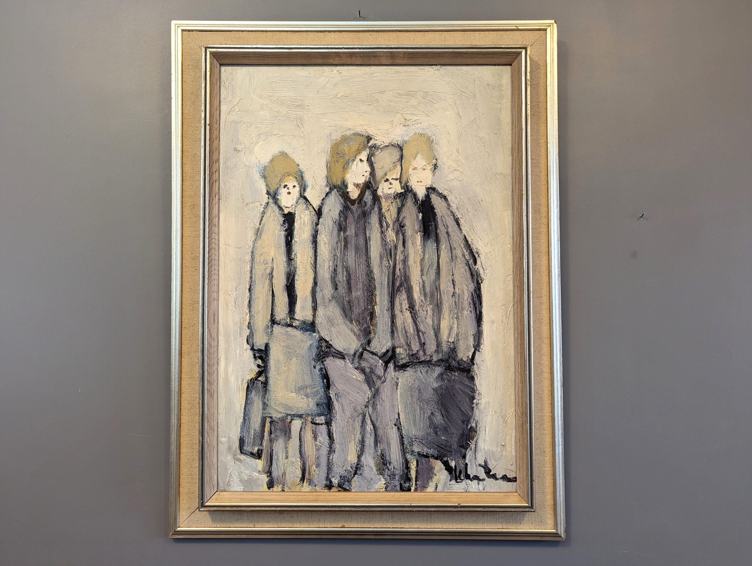 BUNCH OF FRIENDS
Size: 72.5 x 54 cm (including frame)
Oil on Board

A fun mid-century figurative portrait, executed in oil onto board.

Four figures clad in matching attire are depicted huddling together. The figures, characterised by their blonde