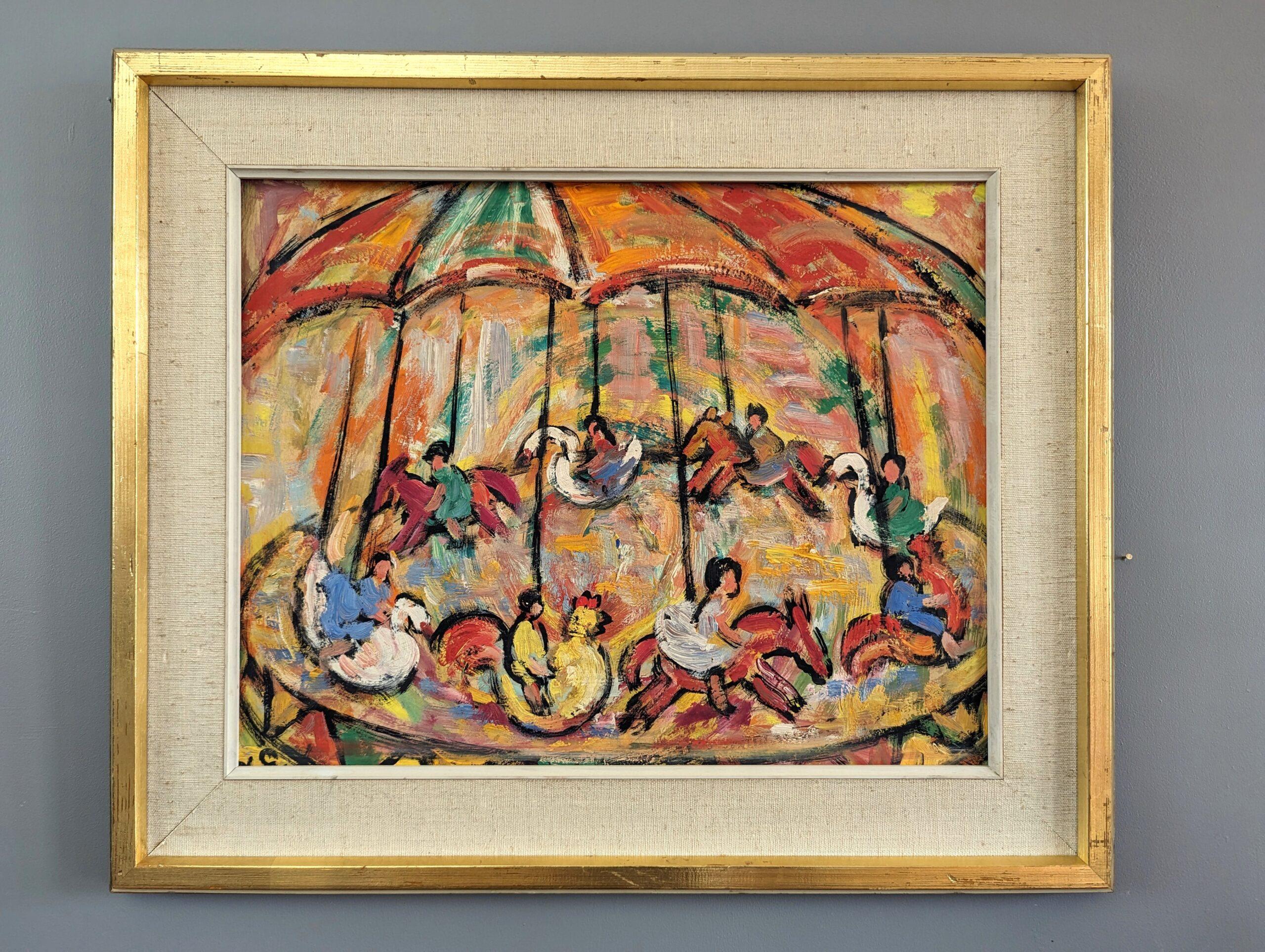 Pittura ad olio figurativa svedese d'epoca della metà del secolo scorso - Carosello Joy - Painting di Unknown