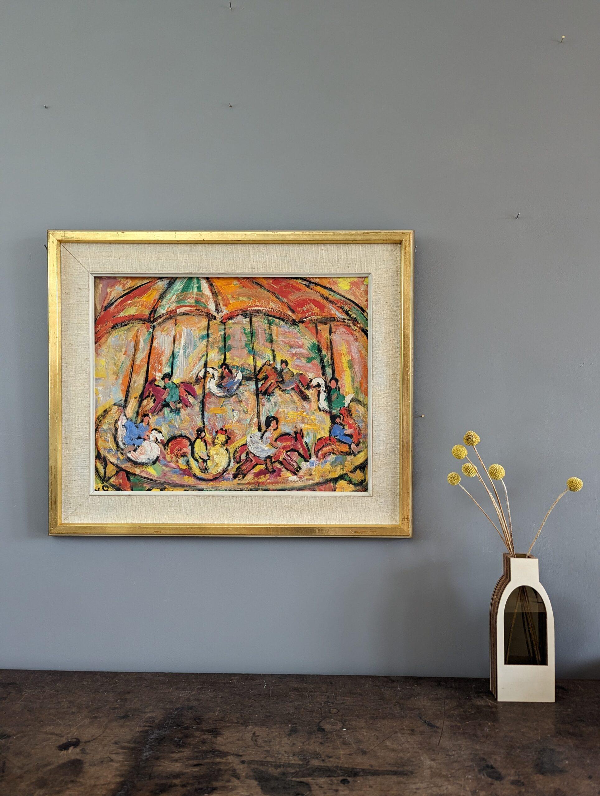 Pittura ad olio figurativa svedese d'epoca della metà del secolo scorso - Carosello Joy - Painting Moderno di Unknown