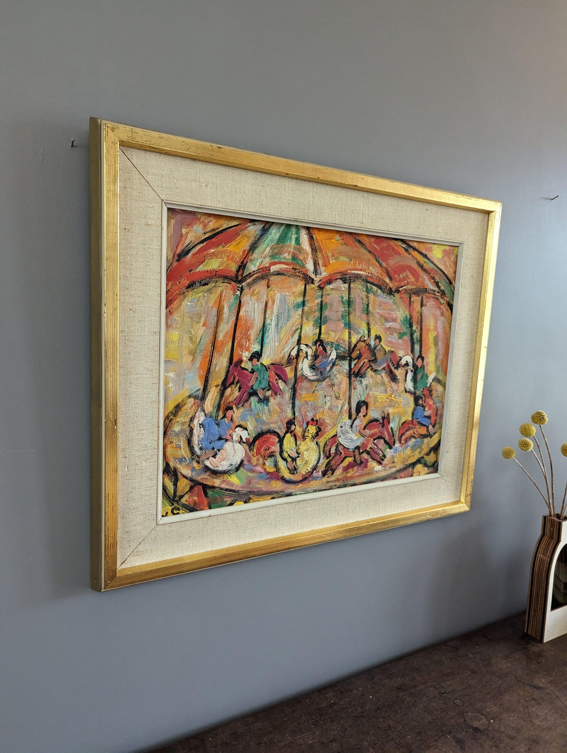 GIOIA CAROUSEL
Olio su tavola 
Dimensioni: 43 x 51 cm (cornice inclusa)

Una gioiosa composizione di metà secolo che cattura l'energia vibrante di una giostra con bambini, realizzata a olio su tavola.

Contenendo elementi del fauvismo e