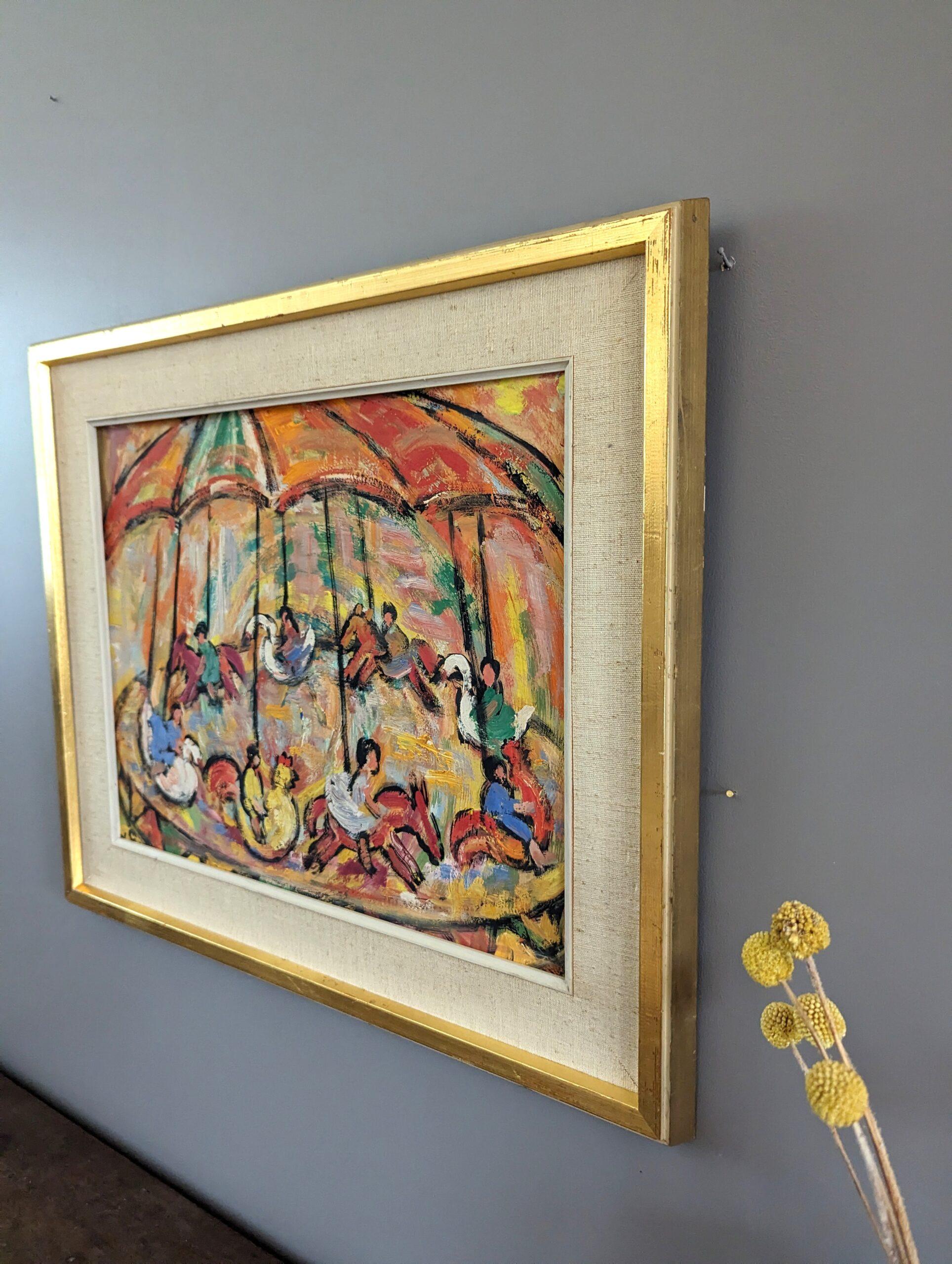Pittura ad olio figurativa svedese d'epoca della metà del secolo scorso - Carosello Joy 1