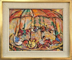 Peinture à l'huile suédoise vintage, moderne du milieu du siècle dernier - Carousel Joy