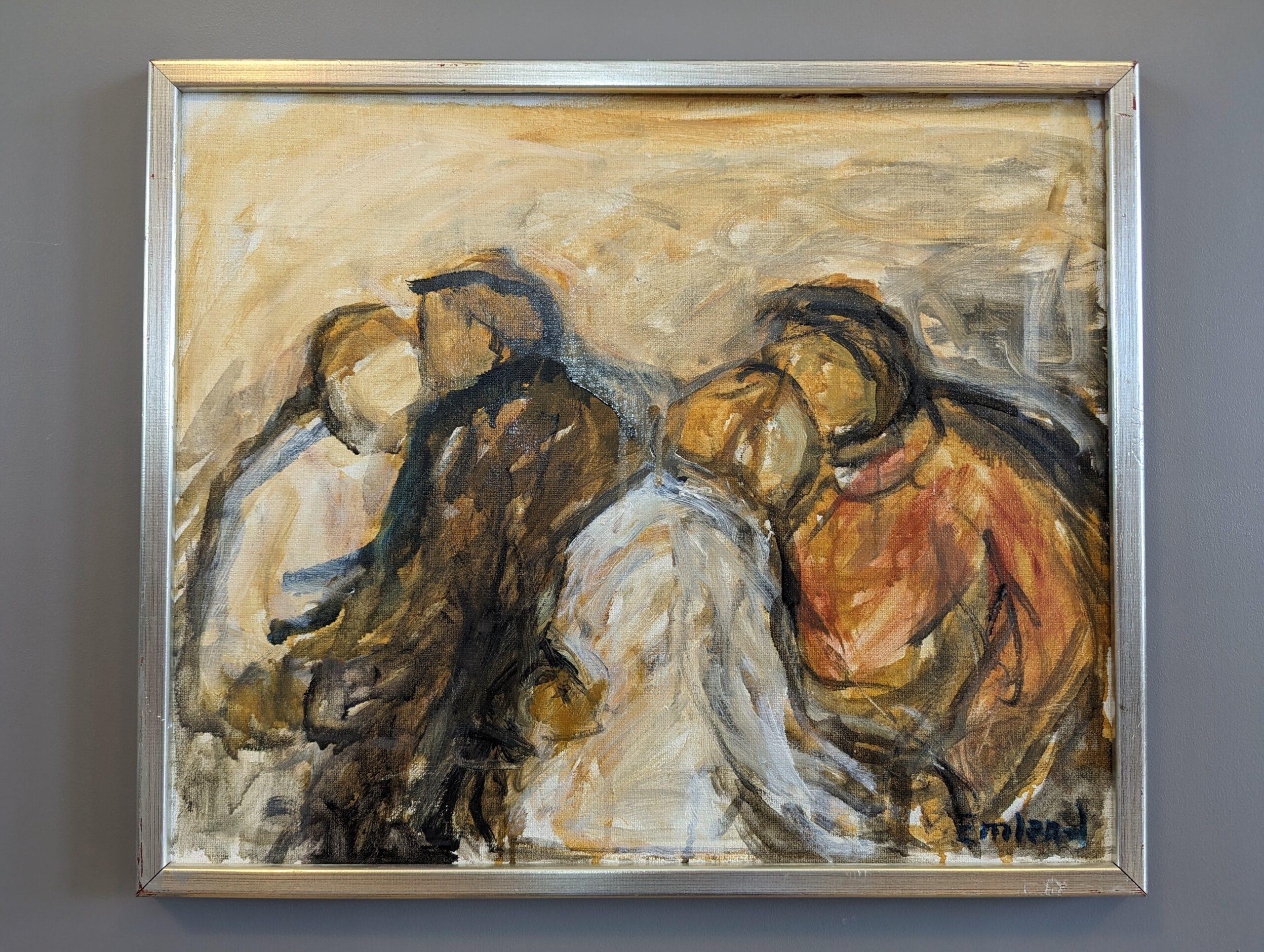 DANCE
Size: 42 x 49.5 cm (including frame)
Oil on Canvas

An endearing mid-century figurative composition, executed in oil onto canvas.

In the painting, two couples engaged in a dance, occupy each side of the canvas.

Executed in an expressive