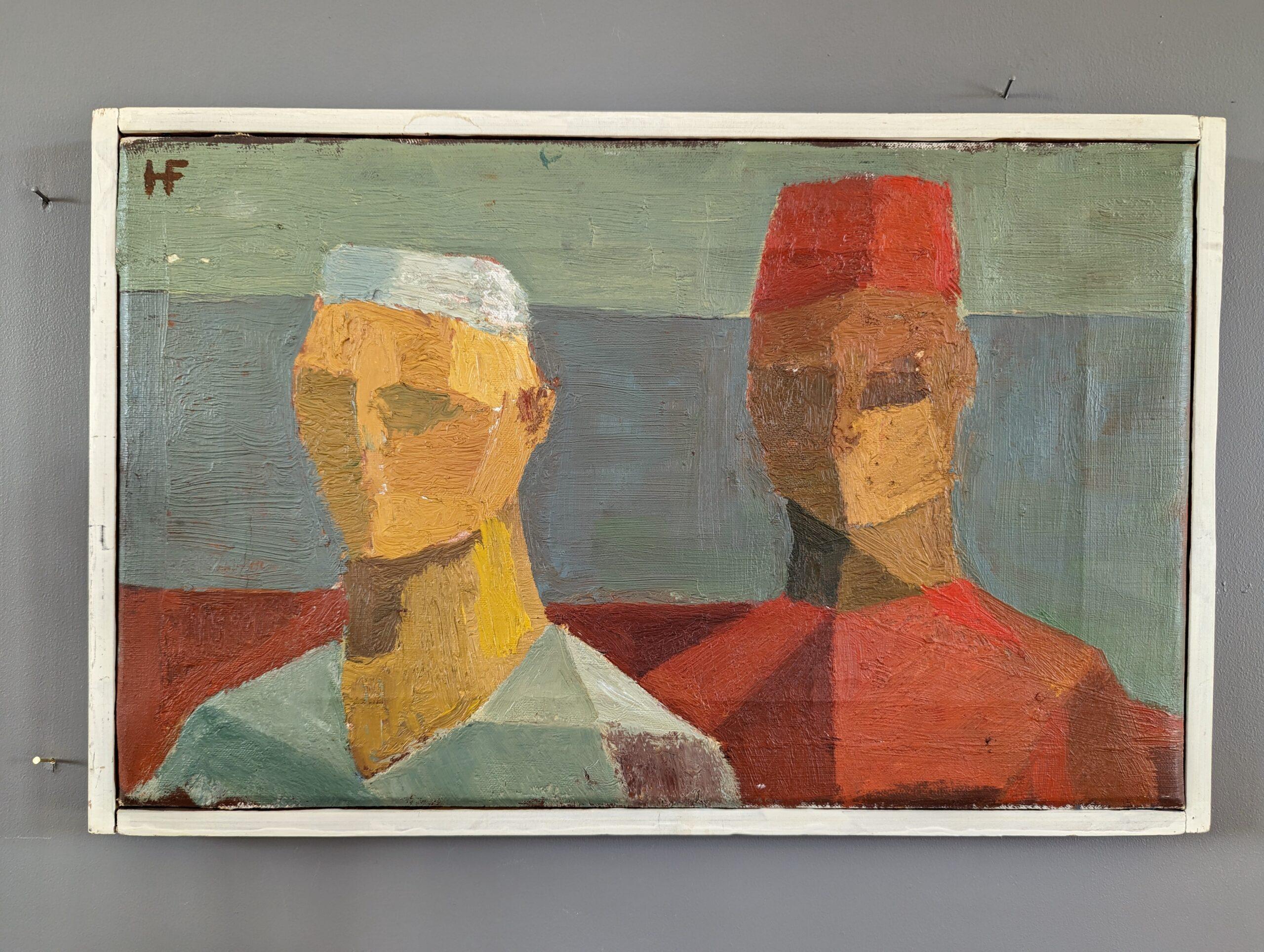FIGURES IN HATS
Size: 29 x 44.5 cm (including frame)
Oil on Canvas 

A well-executed mid-century modernist figurative composition, painted in oil onto canvas.

Depicted here are 2 figures, each in hats.  Their facial details have been intentionally