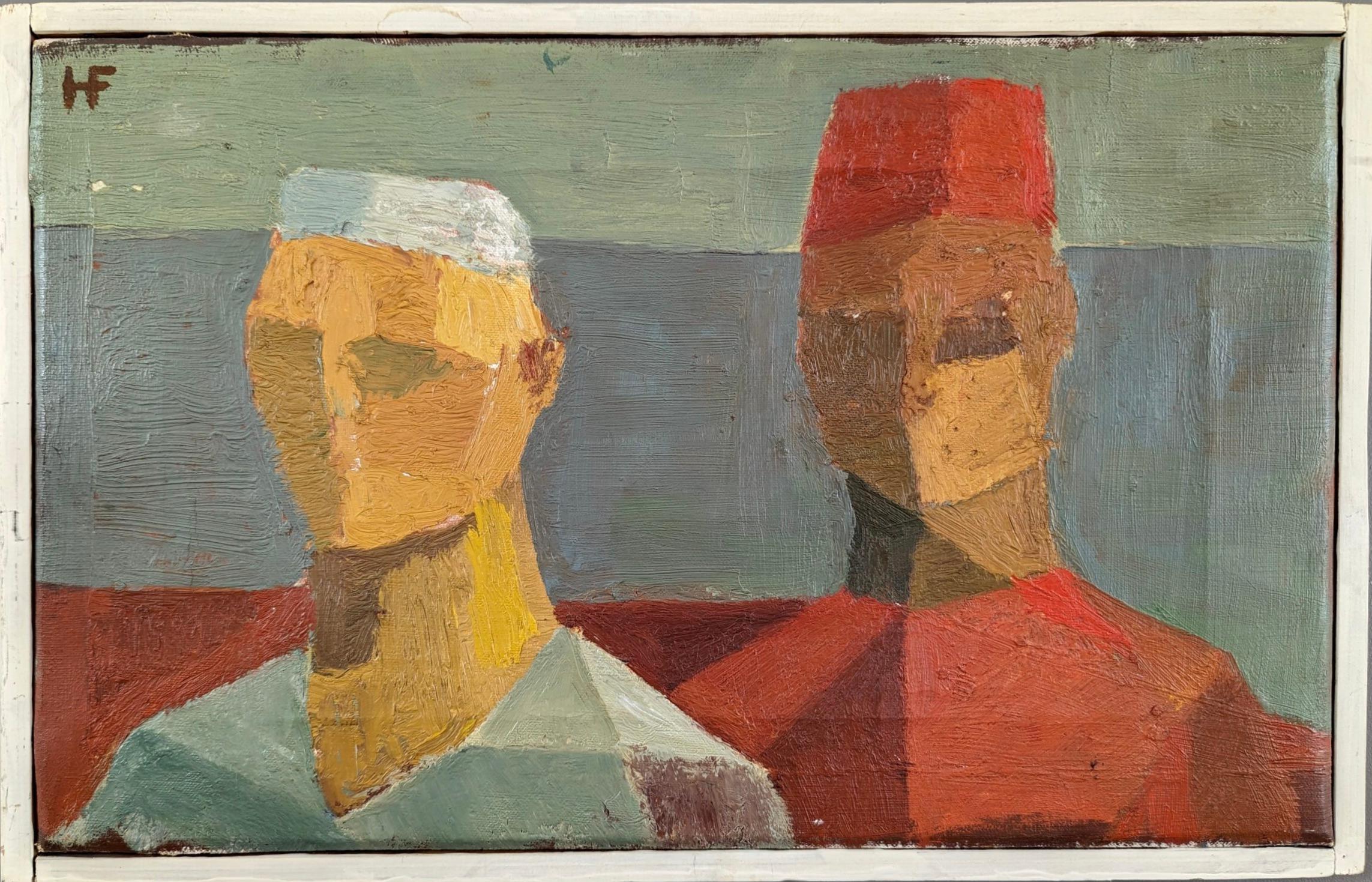 Unknown Figurative Painting - Vintage Mid-Century Modern Swedish Figurative Oil Painting - Figures in Hats