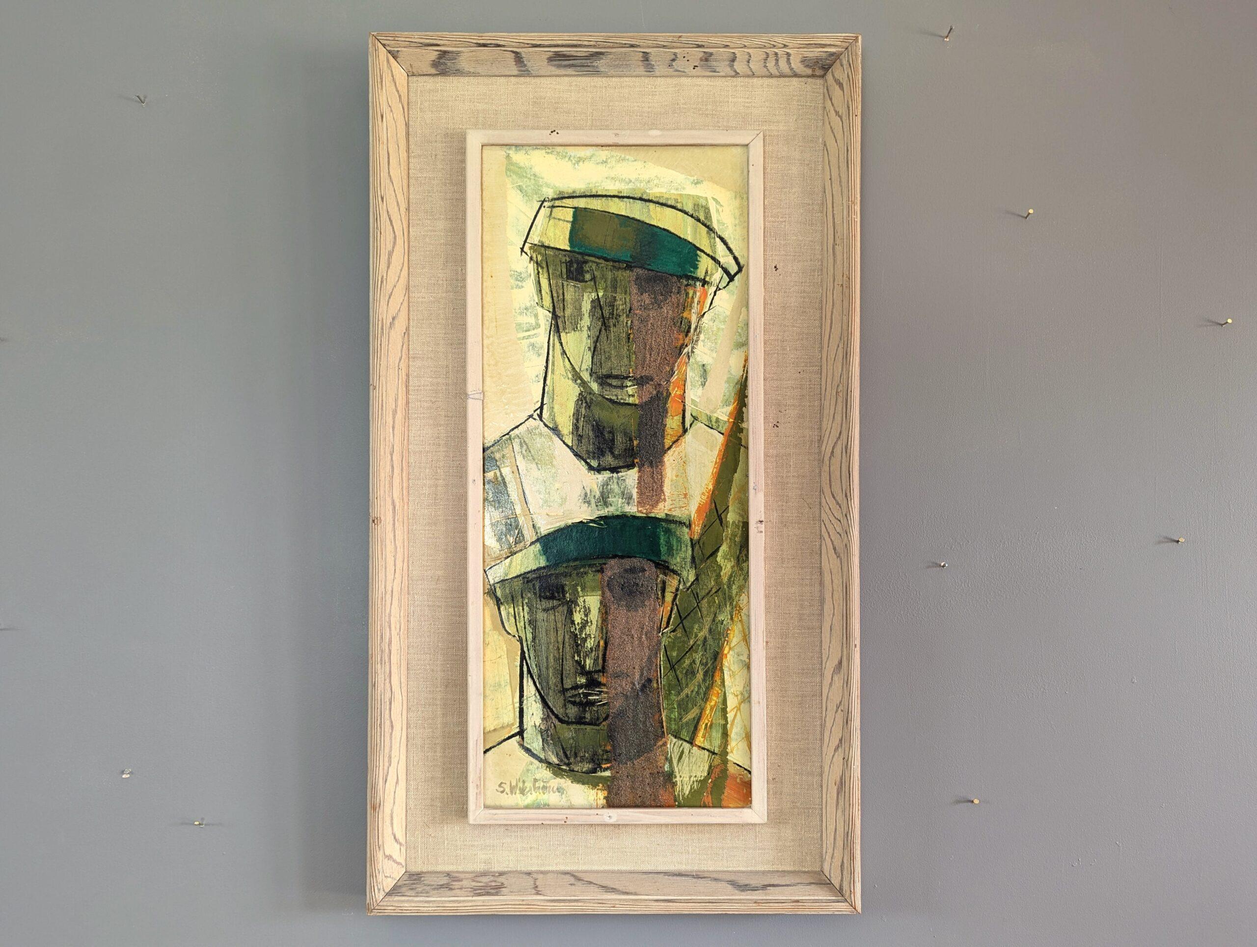 Peinture à l'huile suédoise vintage, moderne du milieu du siècle dernier - Figures avec chapeaux - Painting de Unknown