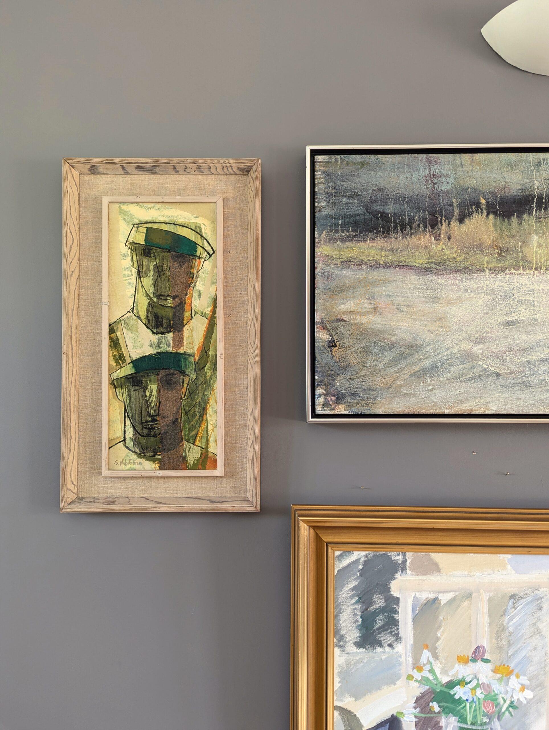 Peinture à l'huile suédoise vintage, moderne du milieu du siècle dernier - Figures avec chapeaux - Moderne Painting par Unknown