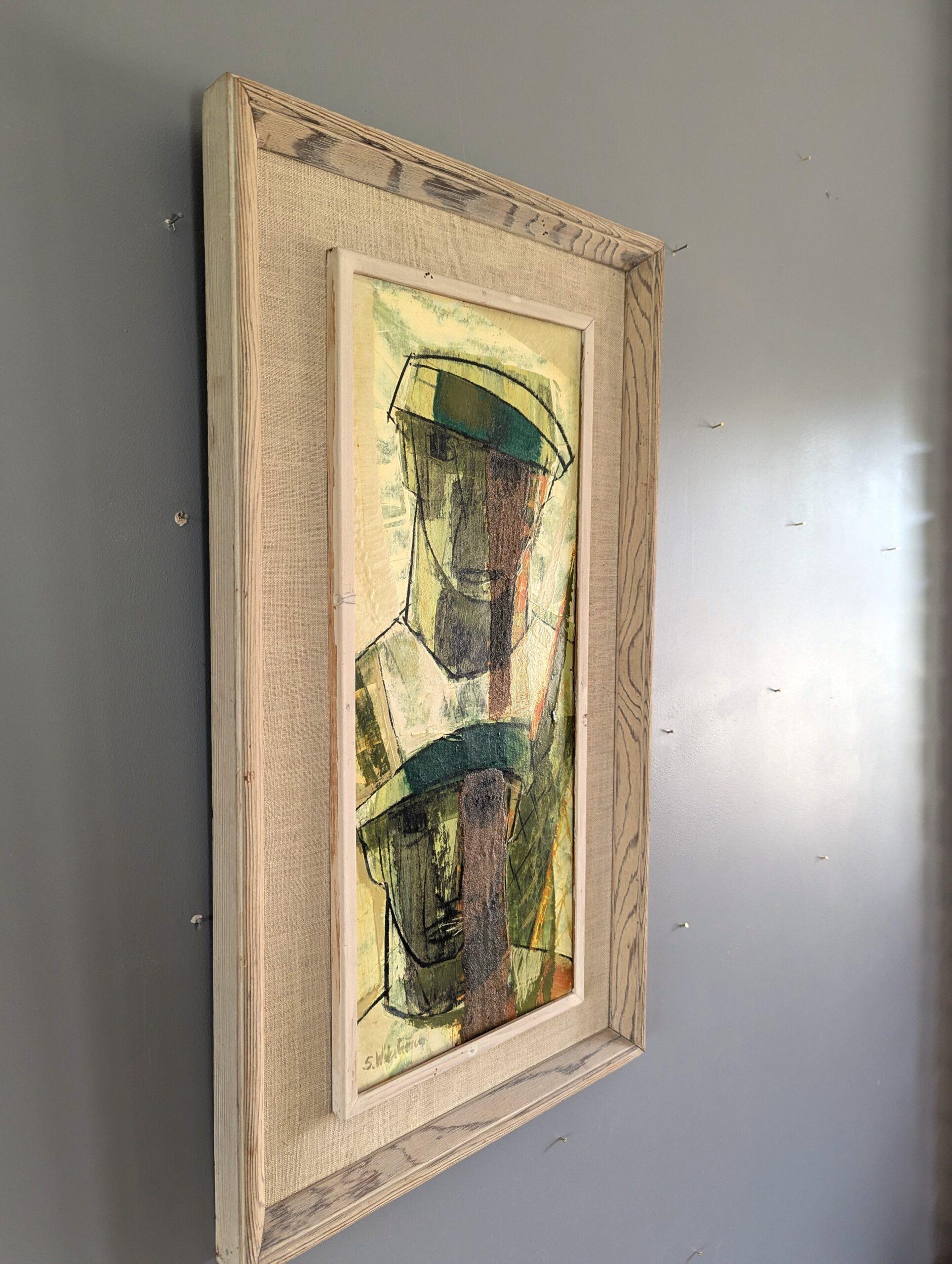 PERSONNAGES AVEC CHAPEAUX
Huile sur panneau
Dimensions : 59,5 x 33 cm (cadre compris)

Une étonnante composition figurative moderniste du milieu du siècle, exécutée à l'huile sur carton.

Le tableau représente deux personnages masculins portant des