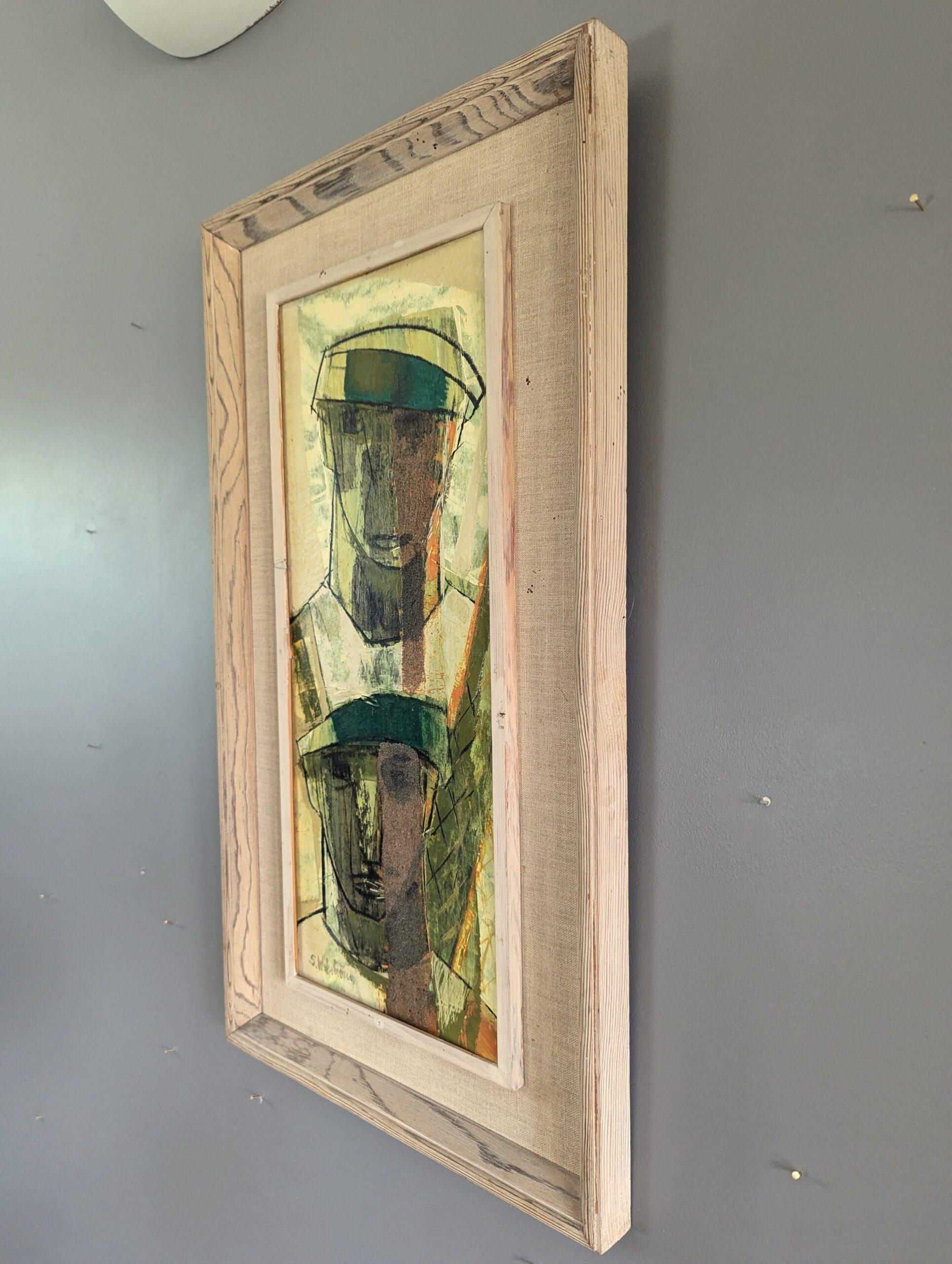 Peinture à l'huile suédoise vintage, moderne du milieu du siècle dernier - Figures avec chapeaux 1