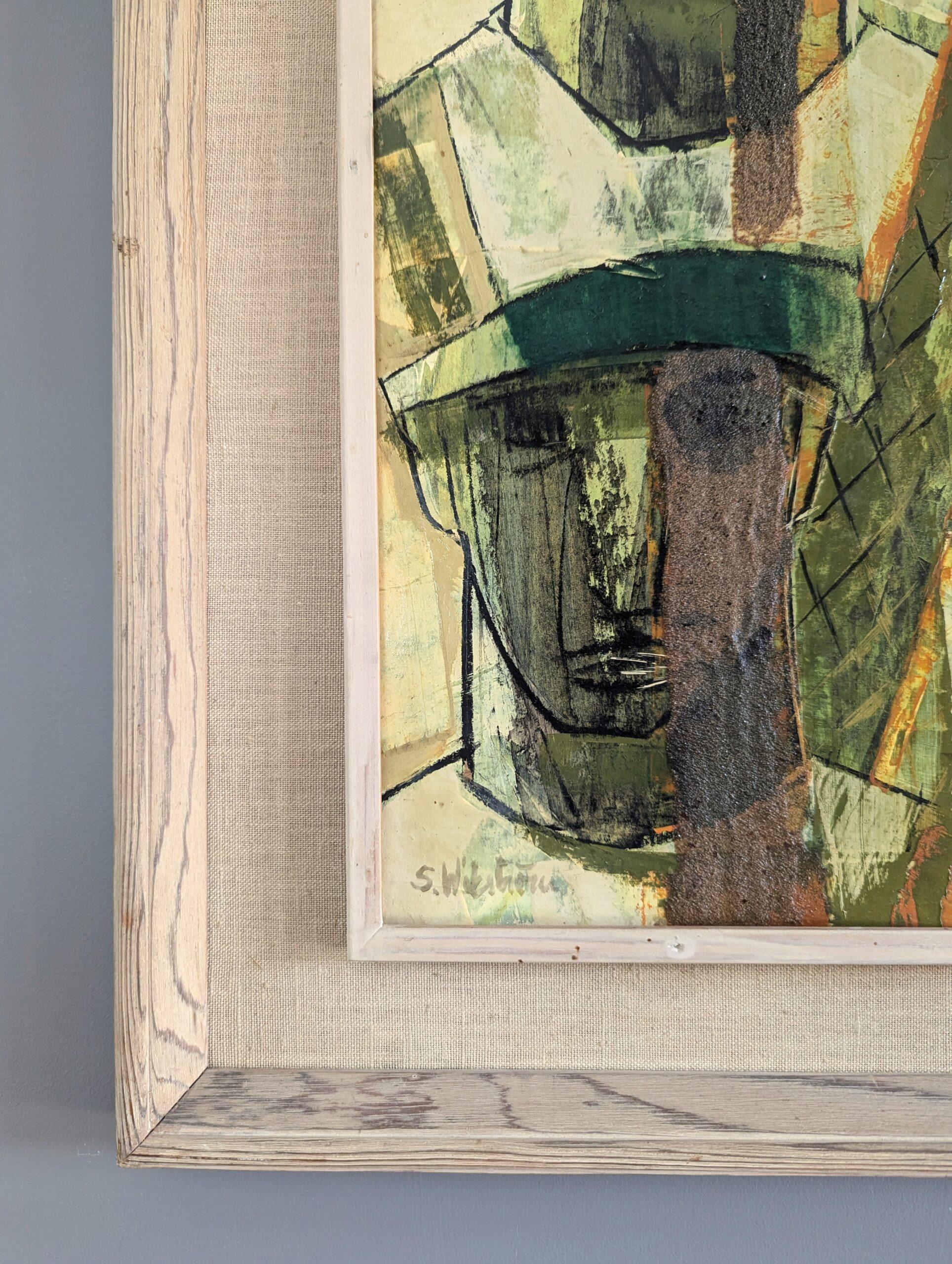 Peinture à l'huile suédoise vintage, moderne du milieu du siècle dernier - Figures avec chapeaux 3